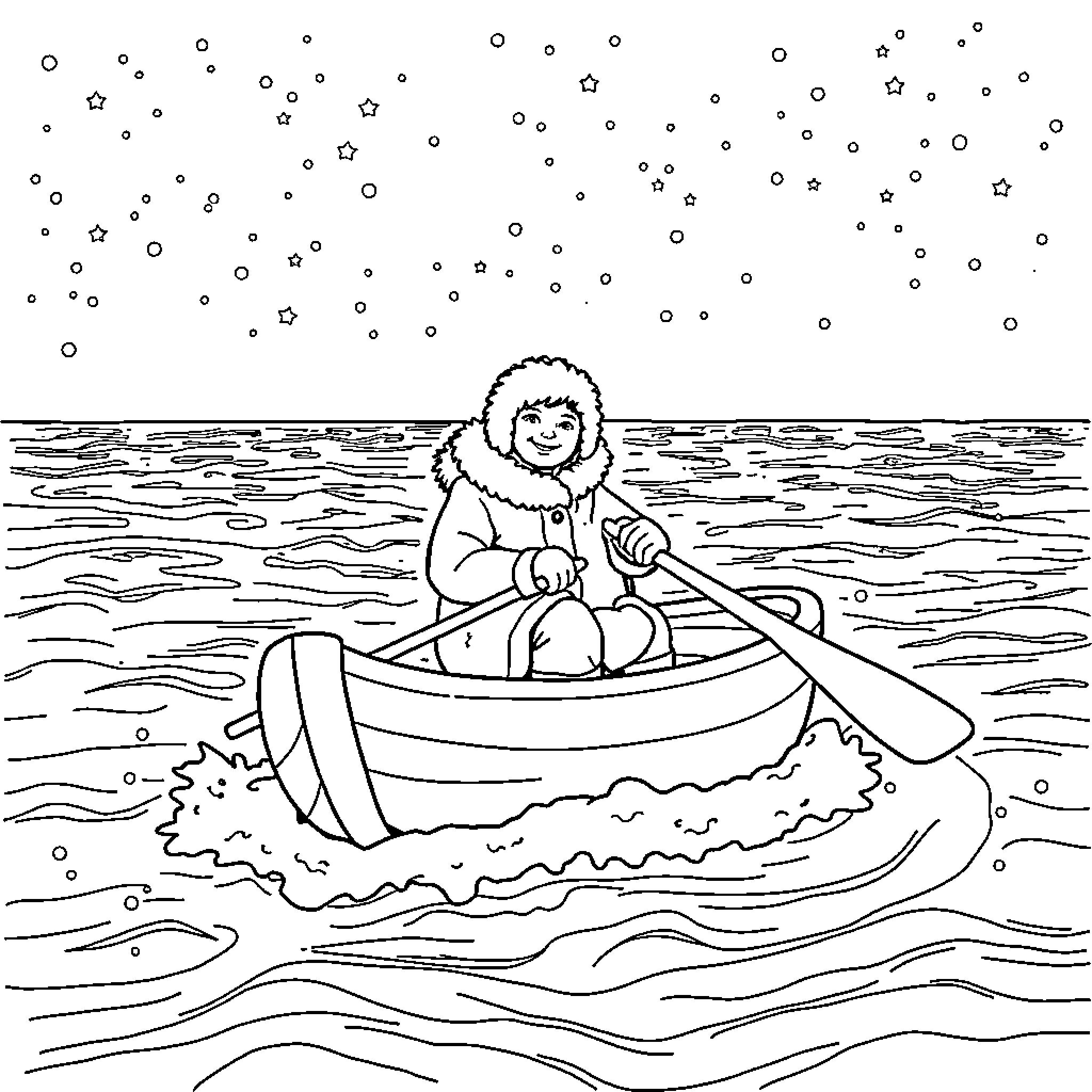 Eskimo paddling a boat on a snowy night Coloring Page (free black-and-white line drawing printable PDF for all, from beginners to advanced learners, including children, teens, adults, and seniors)