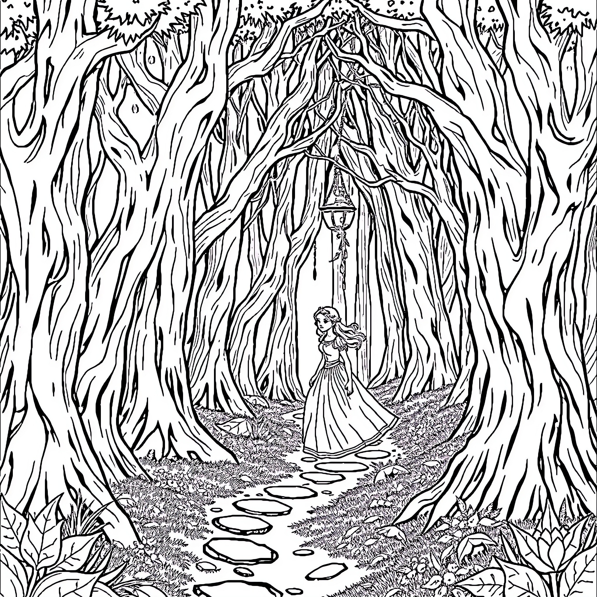 Princess Walking Through Enchanted Forest Coloring Page (free black-and-white line drawing printable PDF for all, from beginners to advanced learners, including children, teens, adults, and seniors)