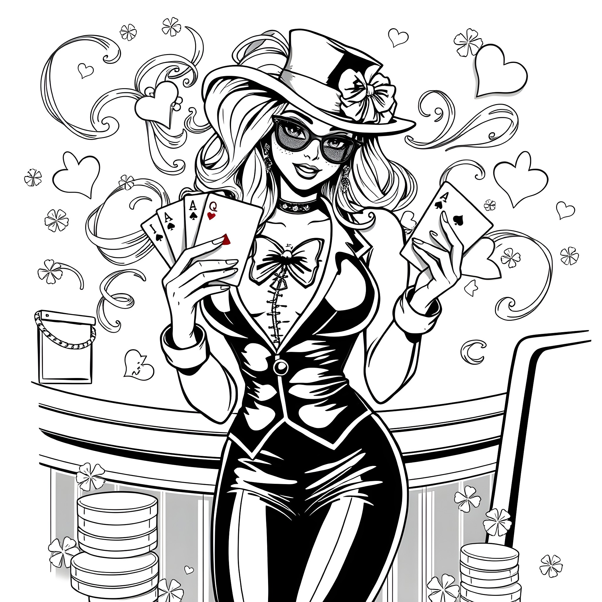 Jacky's Lucky Gamble Coloring Page (free black-and-white line drawing printable PDF for all, from beginners to advanced learners, including children, teens, adults, and seniors)