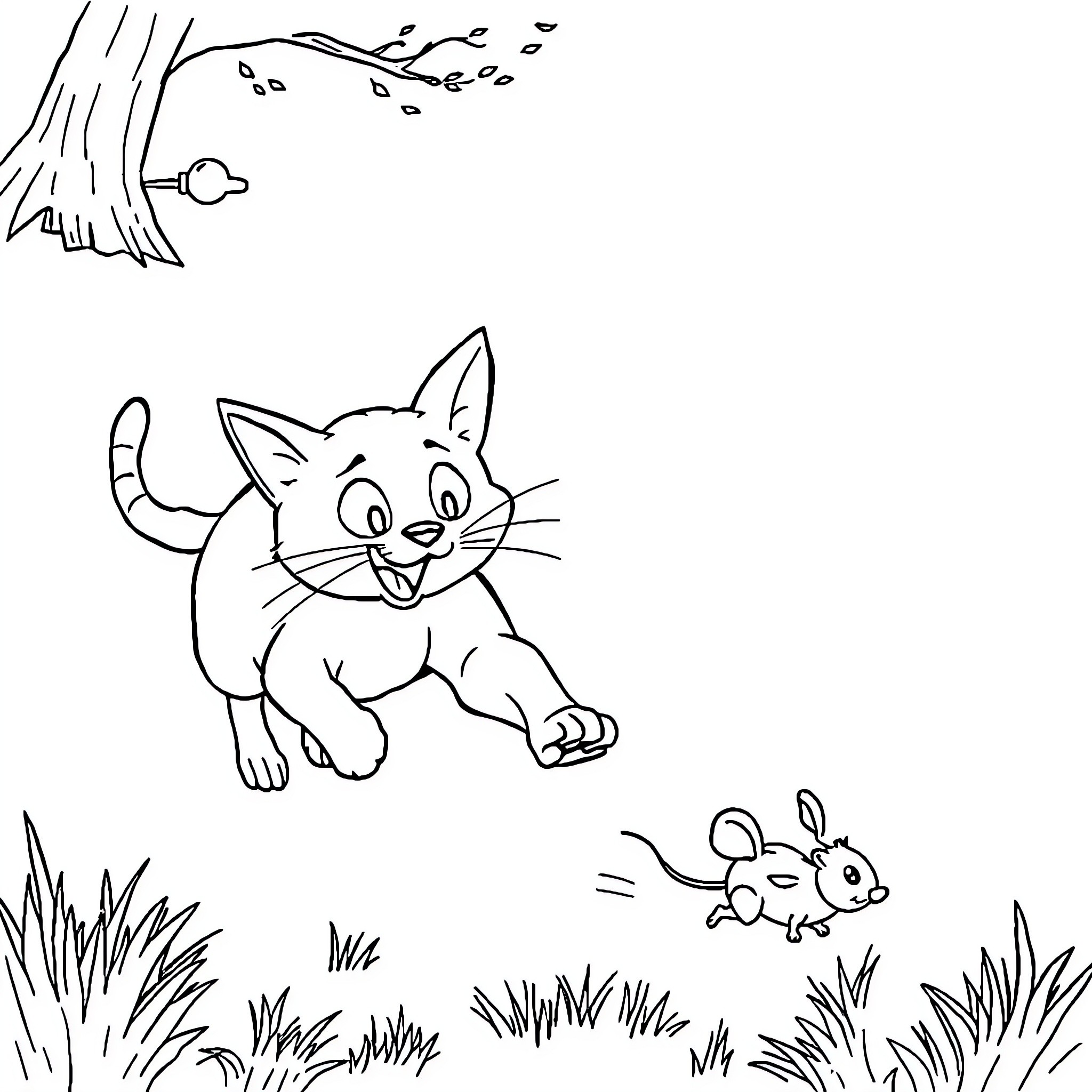 Cat chasing a mouse in the garden Coloring Page (free black-and-white line drawing printable PDF for all, from beginners to advanced learners, including children, teens, adults, and seniors)