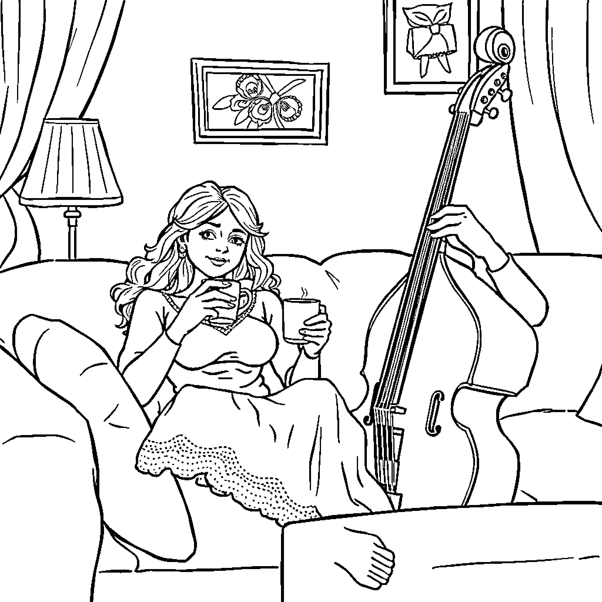 Girl relaxing and playing cello in room Coloring Page (free black-and-white line drawing printable PDF for all, from beginners to advanced learners, including children, teens, adults, and seniors)