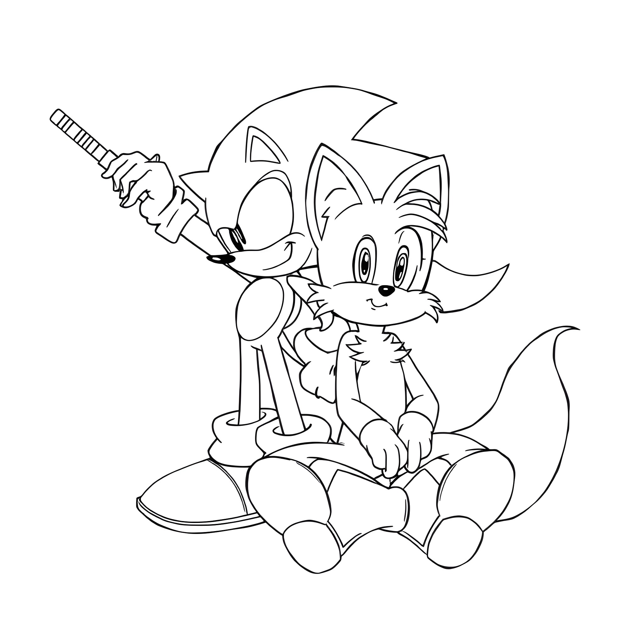 Sonic Holding Sword in Playful Pose Coloring Page (free black-and-white line drawing printable PDF for all, from beginners to advanced learners, including children, teens, adults, and seniors)