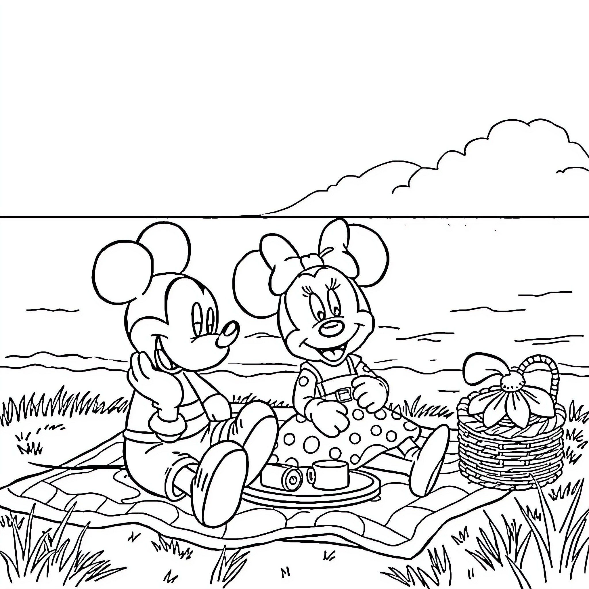 Mickey and Minnie's Picnic Adventure Coloring Page (free black-and-white line drawing printable PDF for all, from beginners to advanced learners, including children, teens, adults, and seniors)