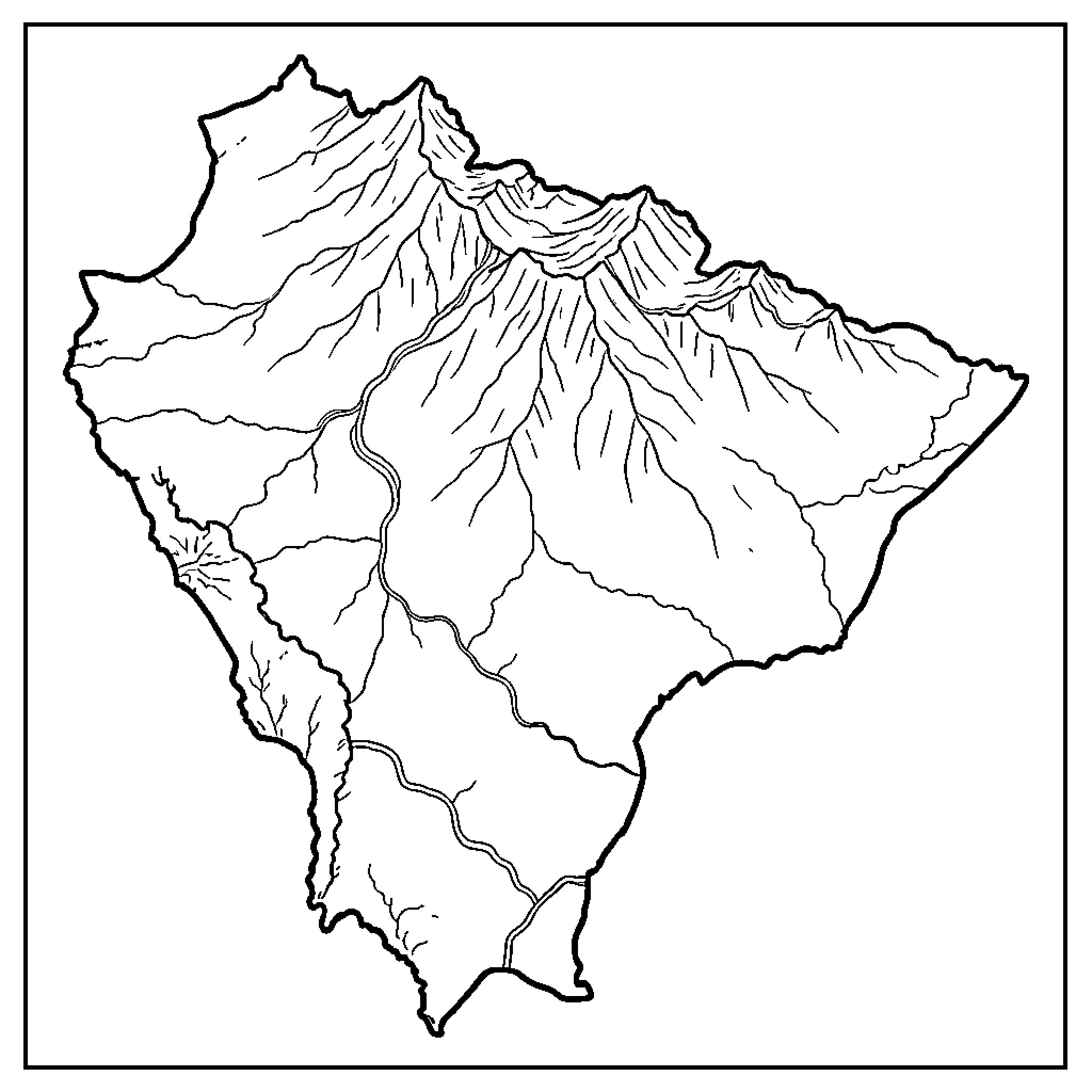 Colombia outline showing mountain ridges and river paths Coloring Page (free black-and-white line drawing printable PDF for all, from beginners to advanced learners, including children, teens, adults, and seniors)