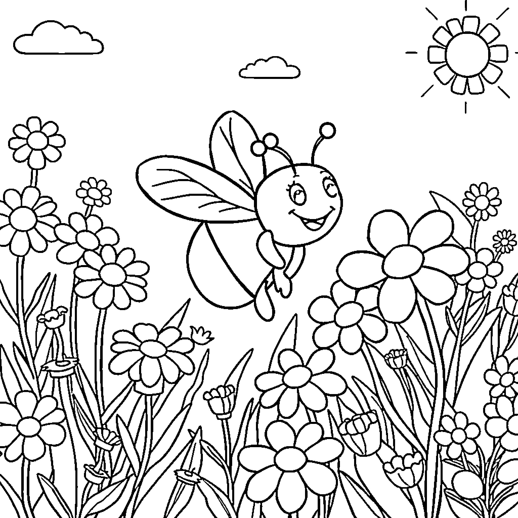 Maya Bee playing joyfully among colorful flowers Coloring Page (free black-and-white line drawing printable PDF for all, from beginners to advanced learners, including children, teens, adults, and seniors)