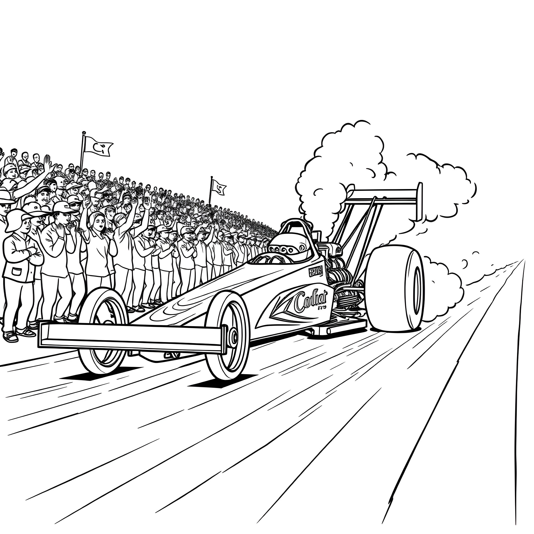 Dragster racing down the track with a crowd cheering Coloring Page (free black-and-white line drawing printable PDF for all, from beginners to advanced learners, including children, teens, adults, and seniors)
