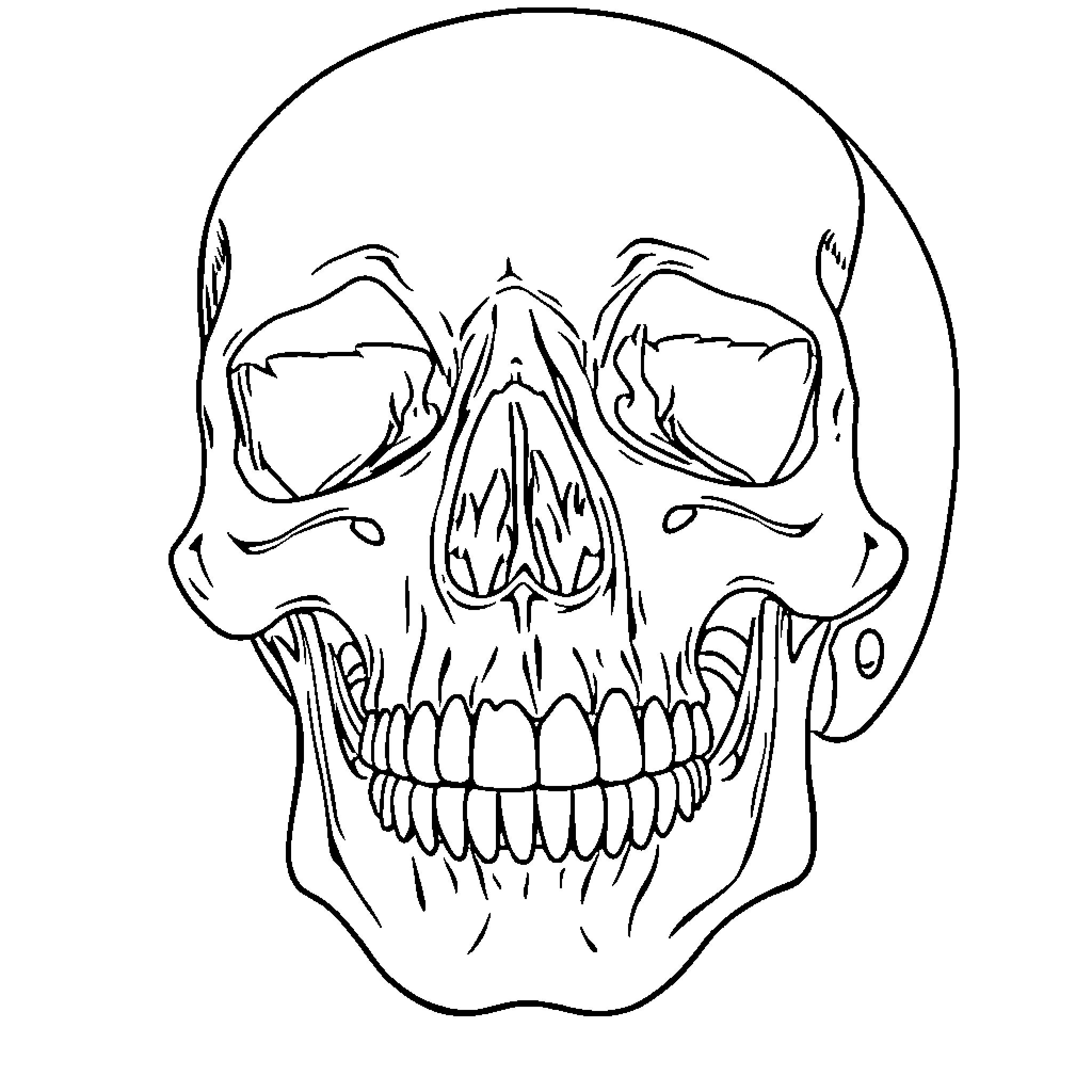 Skull with a Menacing Expression Coloring Page (free black-and-white line drawing printable PDF for all, from beginners to advanced learners, including children, teens, adults, and seniors)