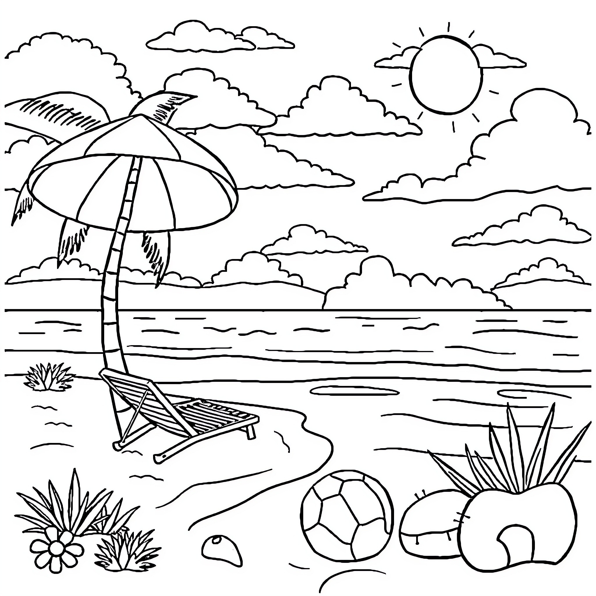 Beach scene with sun, umbrella, and beach chair Coloring Page (free black-and-white line drawing printable PDF for all, from beginners to advanced learners, including children, teens, adults, and seniors)