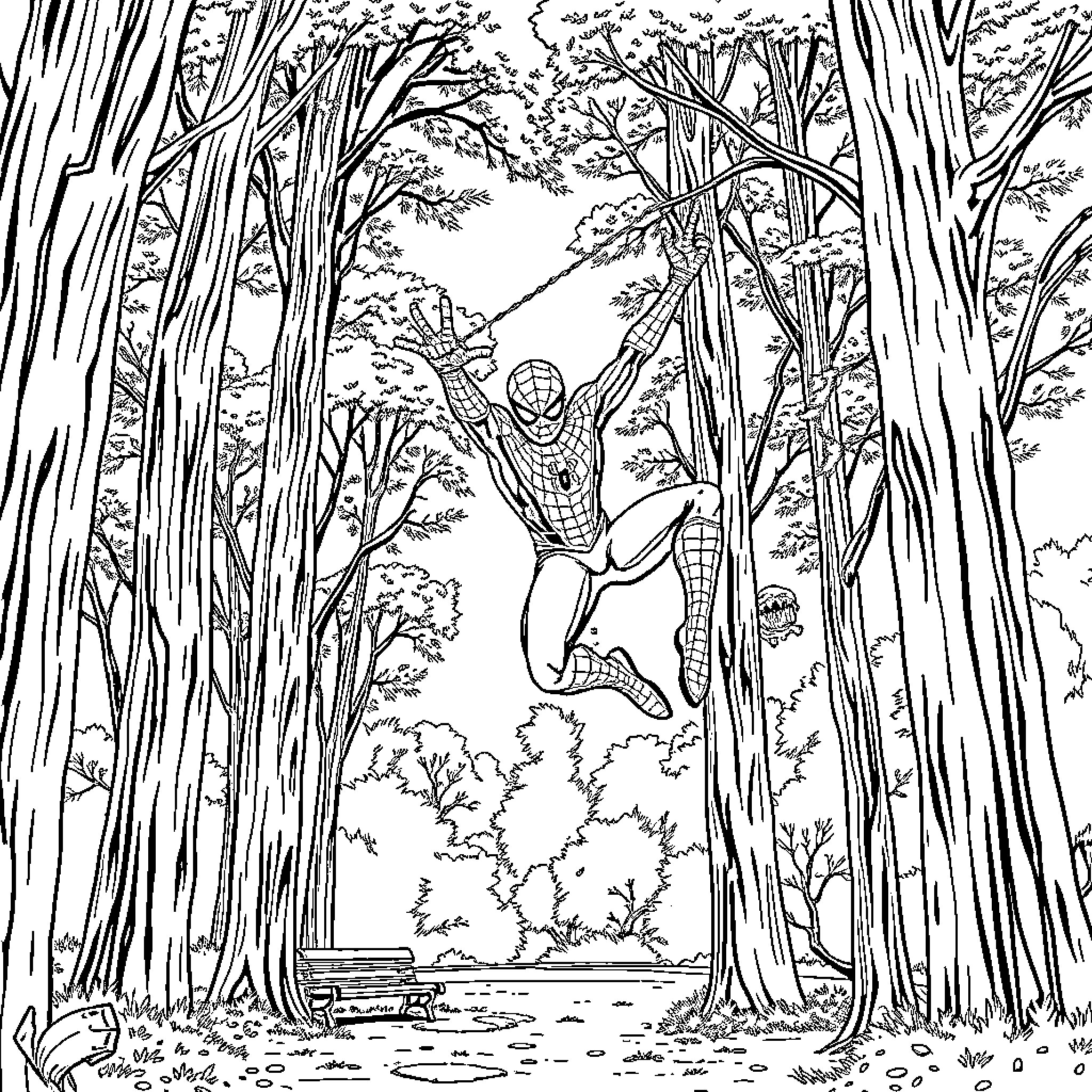 Spiderman swinging through the forest Coloring Page (free black-and-white line drawing printable PDF for all, from beginners to advanced learners, including children, teens, adults, and seniors)