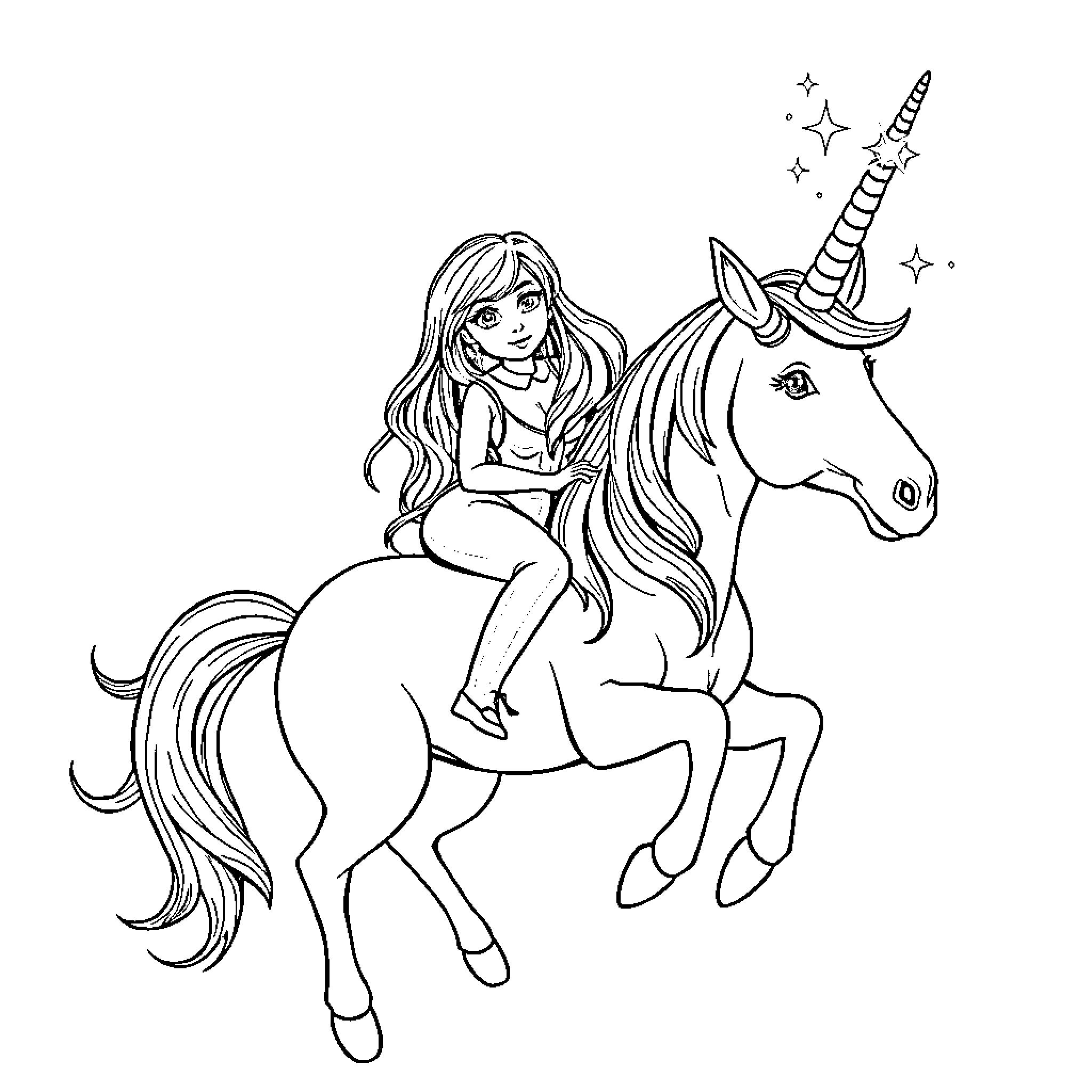 Unicorn carrying a girl in magical journey Coloring Page (free black-and-white line drawing printable PDF for all, from beginners to advanced learners, including children, teens, adults, and seniors)