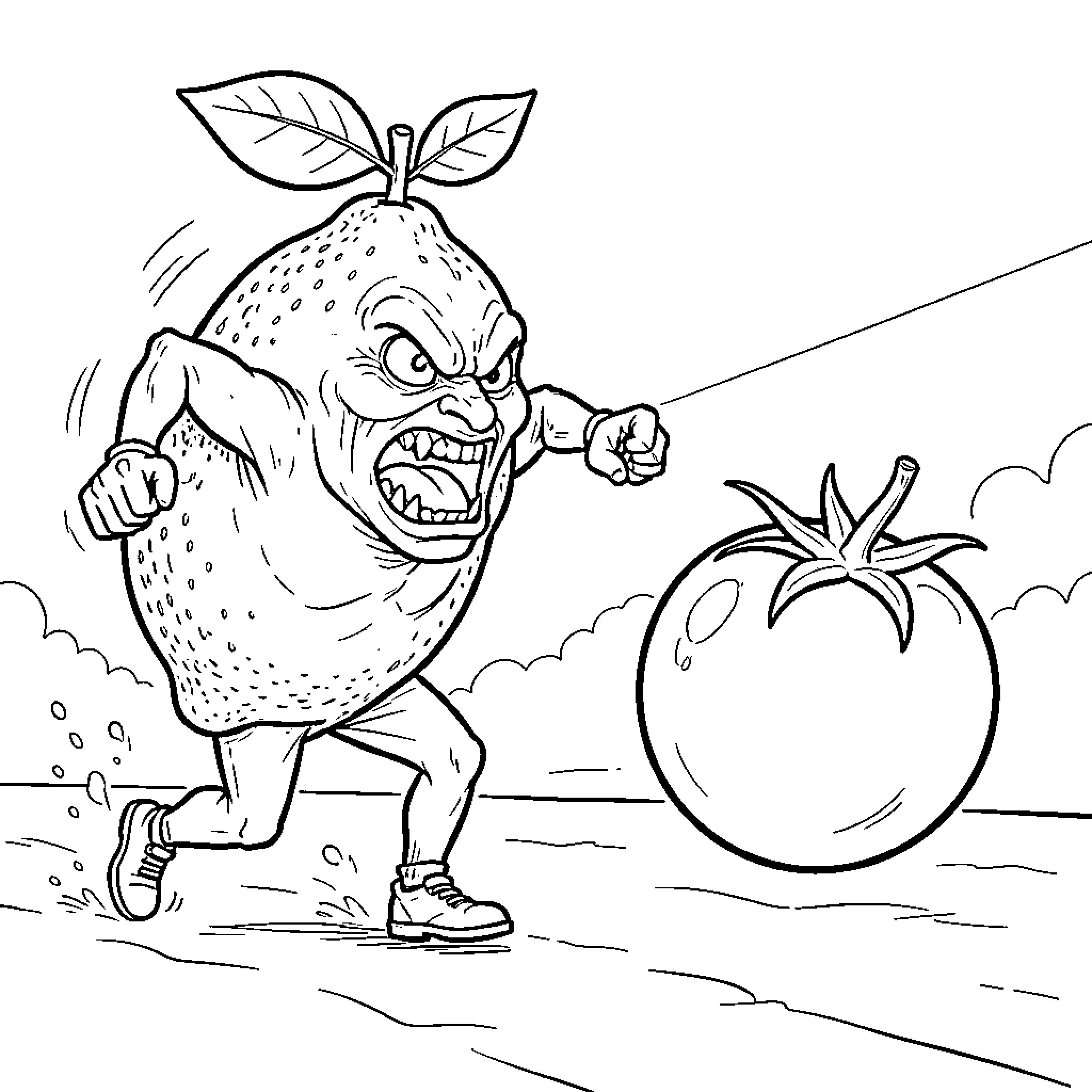 Limón fighting a tomato in the countryside Coloring Page (free black-and-white line drawing printable PDF for all, from beginners to advanced learners, including children, teens, adults, and seniors)