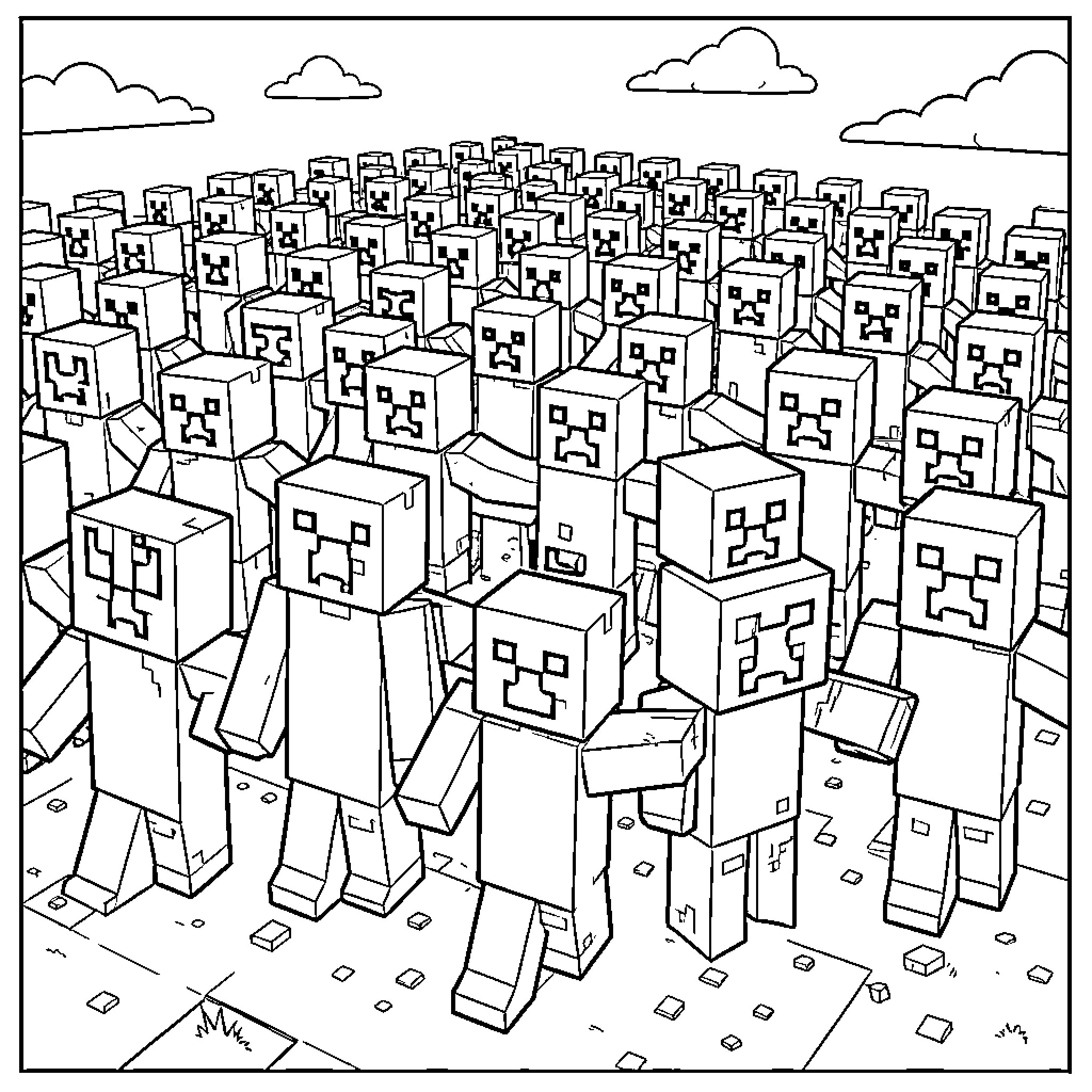 Creeper characters standing together in a large crowd Coloring Page (free black-and-white line drawing printable PDF for all, from beginners to advanced learners, including children, teens, adults, and seniors)