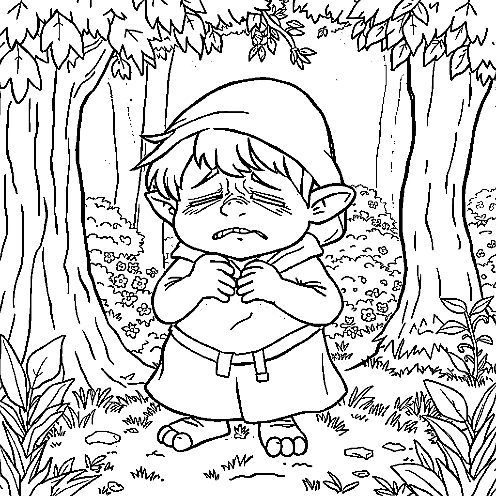 Hobbit feeling sad in the forest Coloring Page (free black-and-white line drawing printable PDF for all, from beginners to advanced learners, including children, teens, adults, and seniors)
