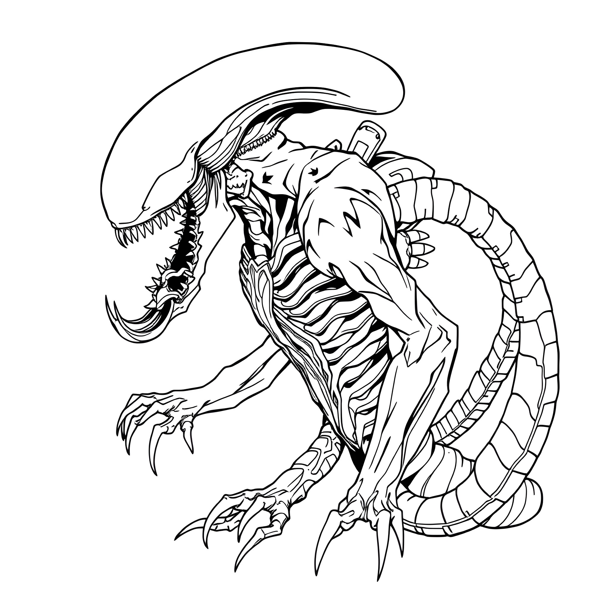 Venom Xenomorph Hybrid in Aggressive Stance Coloring Page (free black-and-white line drawing printable PDF for all, from beginners to advanced learners, including children, teens, adults, and seniors)