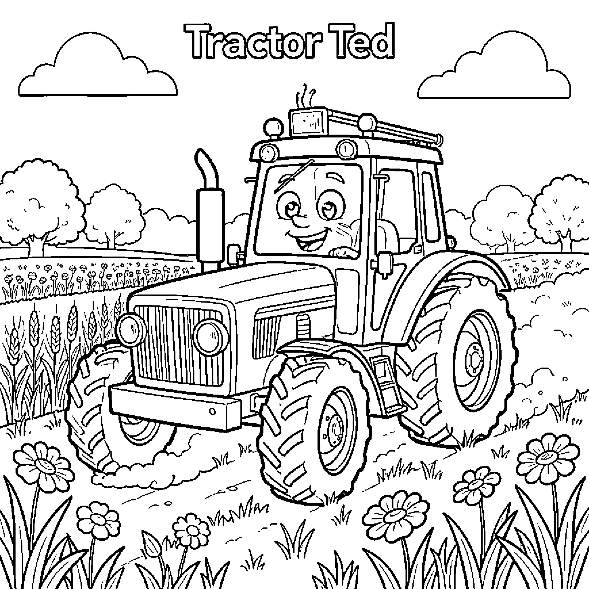 Tractor Ted smiling while driving through a flower field Coloring Page (free black-and-white line drawing printable PDF for all, from beginners to advanced learners, including children, teens, adults, and seniors)