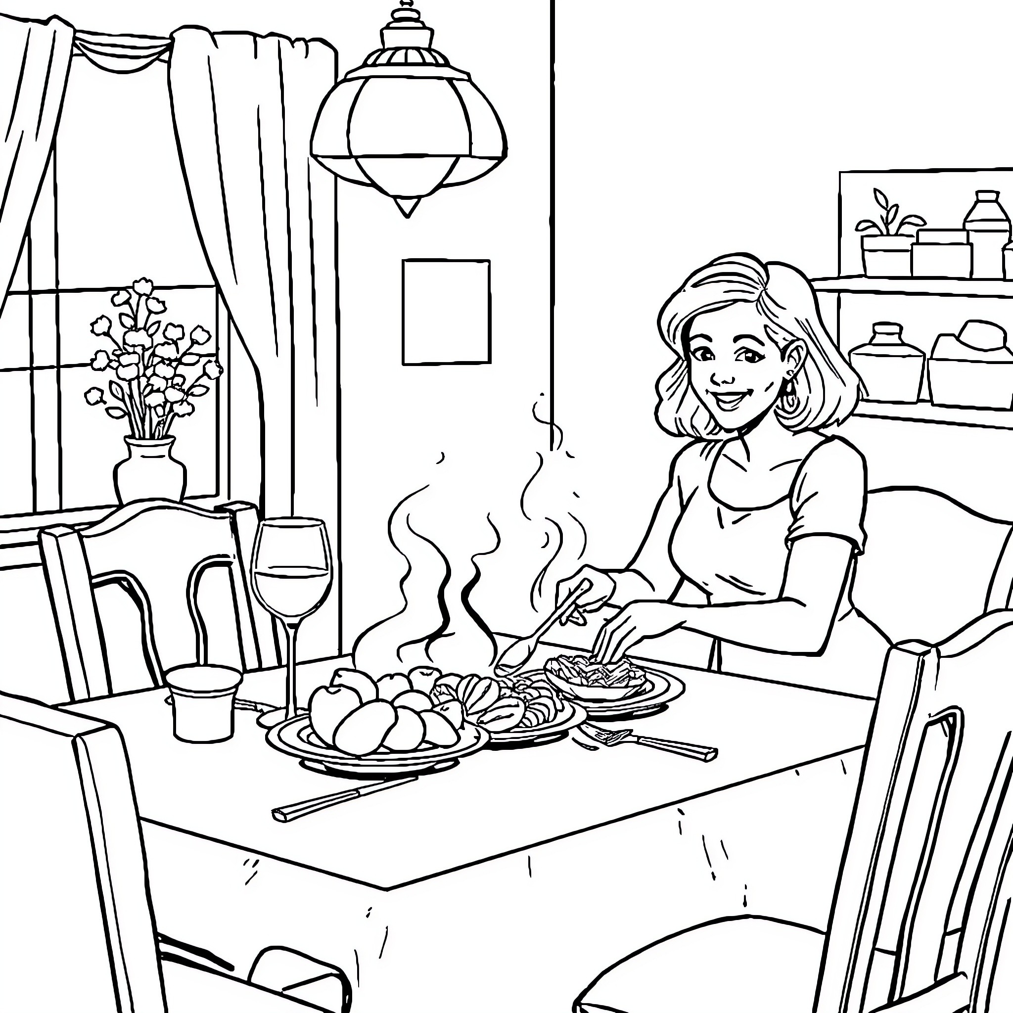 Wife preparing a home-cooked meal in her kitchen Coloring Page (free black-and-white line drawing printable PDF for all, from beginners to advanced learners, including children, teens, adults, and seniors)