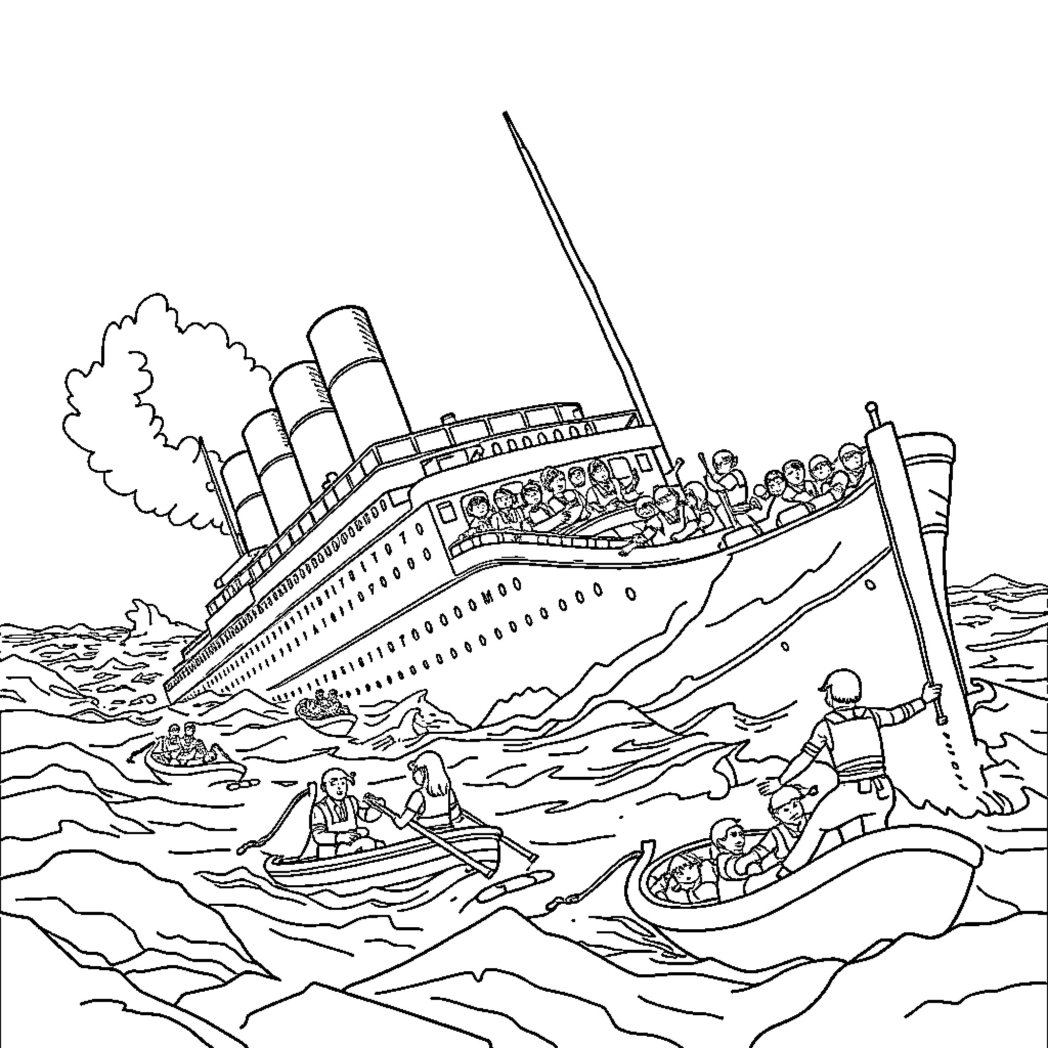 Titanic sinking with passengers in distress Coloring Page (free black-and-white line drawing printable PDF for all, from beginners to advanced learners, including children, teens, adults, and seniors)