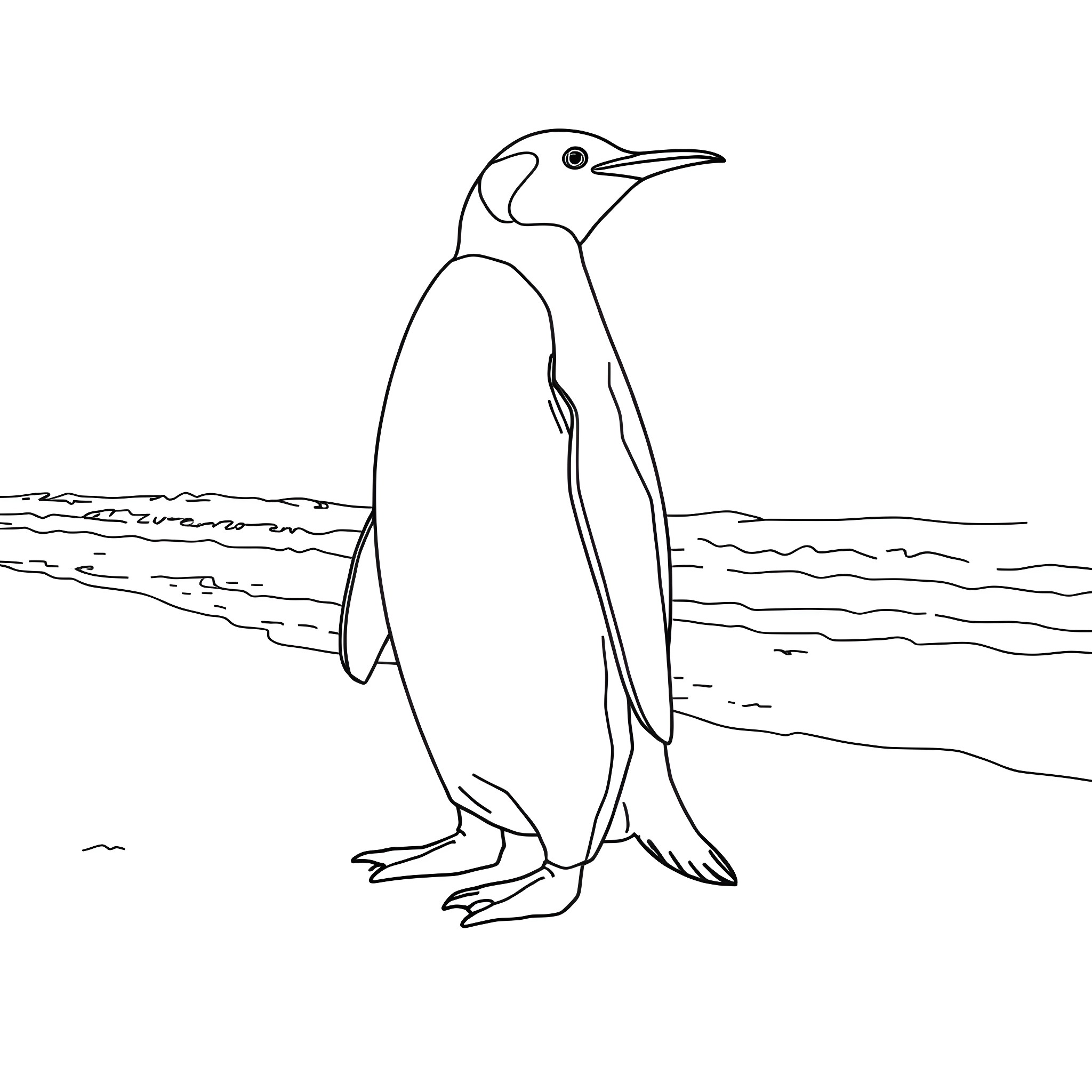 Penguin standing on the shore Coloring Page (free black-and-white line drawing printable PDF for all, from beginners to advanced learners, including children, teens, adults, and seniors)