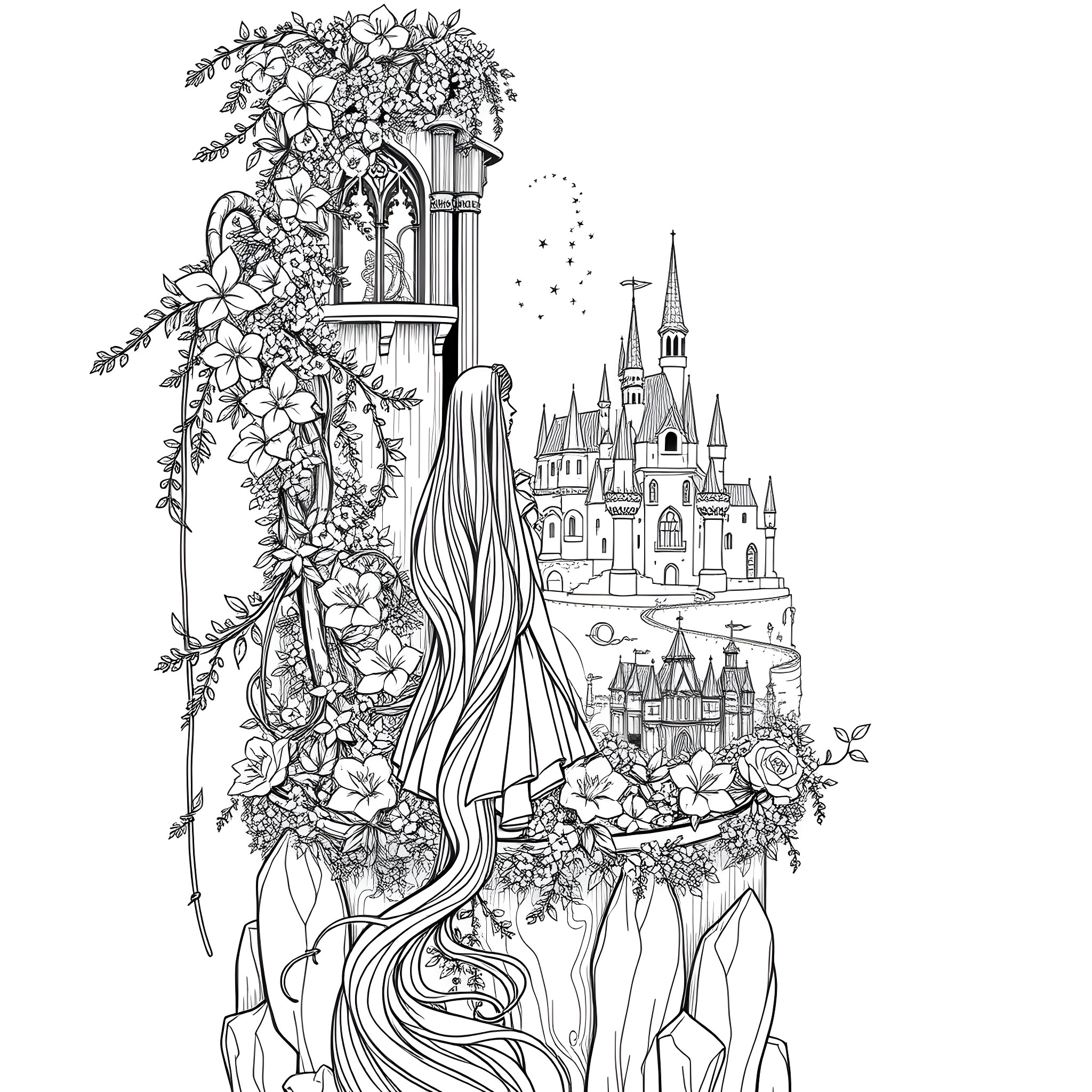 Rapunzel in a magical castle garden Coloring Page (free black-and-white line drawing printable PDF for all, from beginners to advanced learners, including children, teens, adults, and seniors)