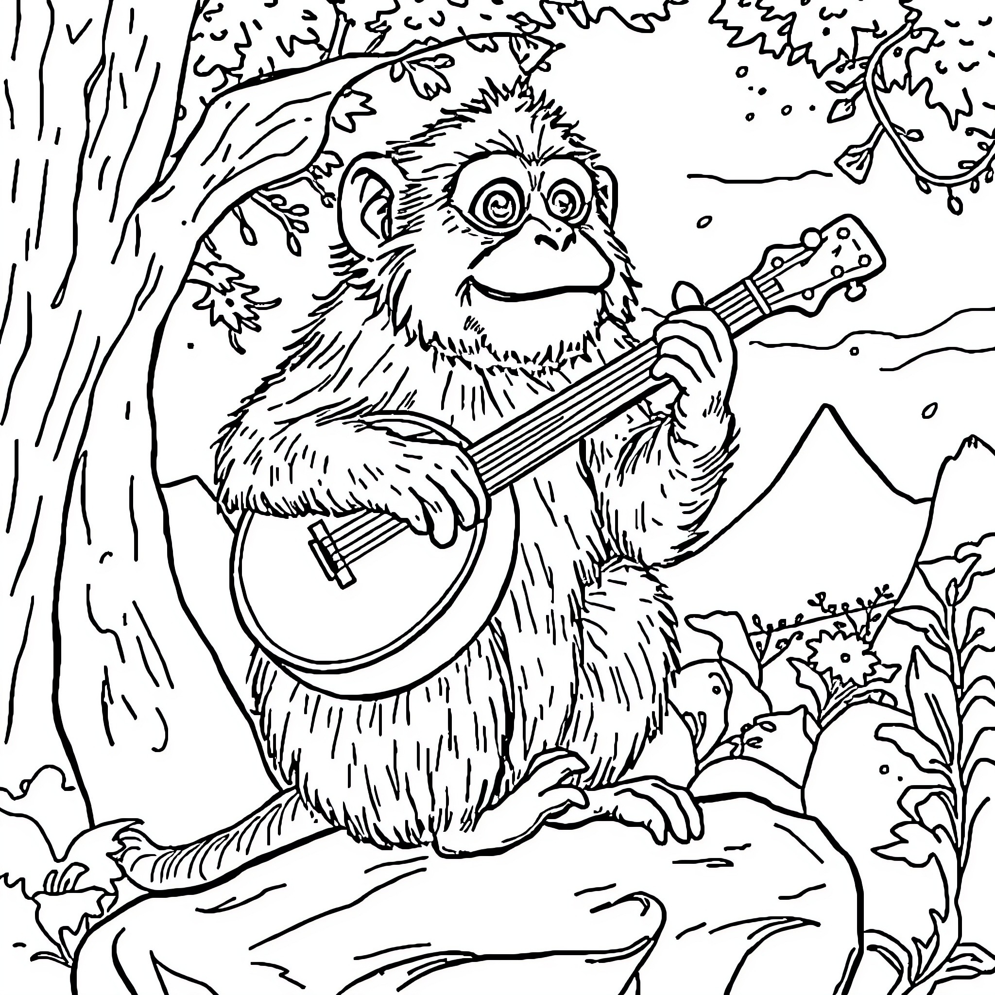Single creature playing guitar in nature Coloring Page (free black-and-white line drawing printable PDF for all, from beginners to advanced learners, including children, teens, adults, and seniors)