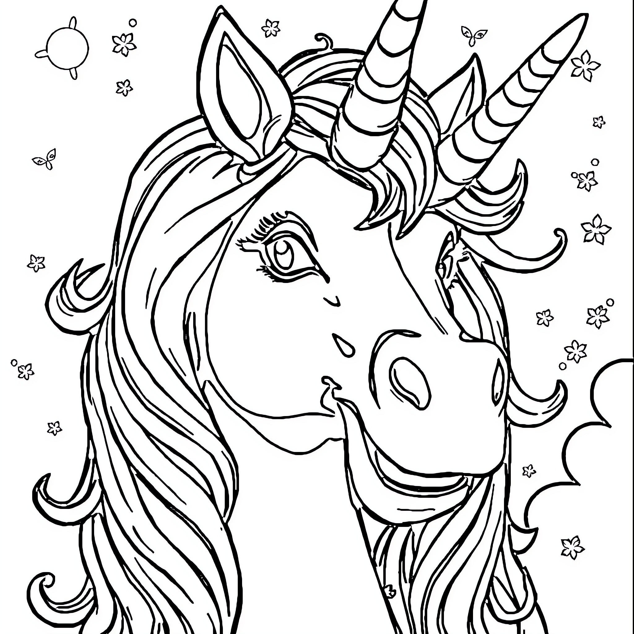 Unicorn gazing with magical flowers Coloring Page (free black-and-white line drawing printable PDF for all, from beginners to advanced learners, including children, teens, adults, and seniors)