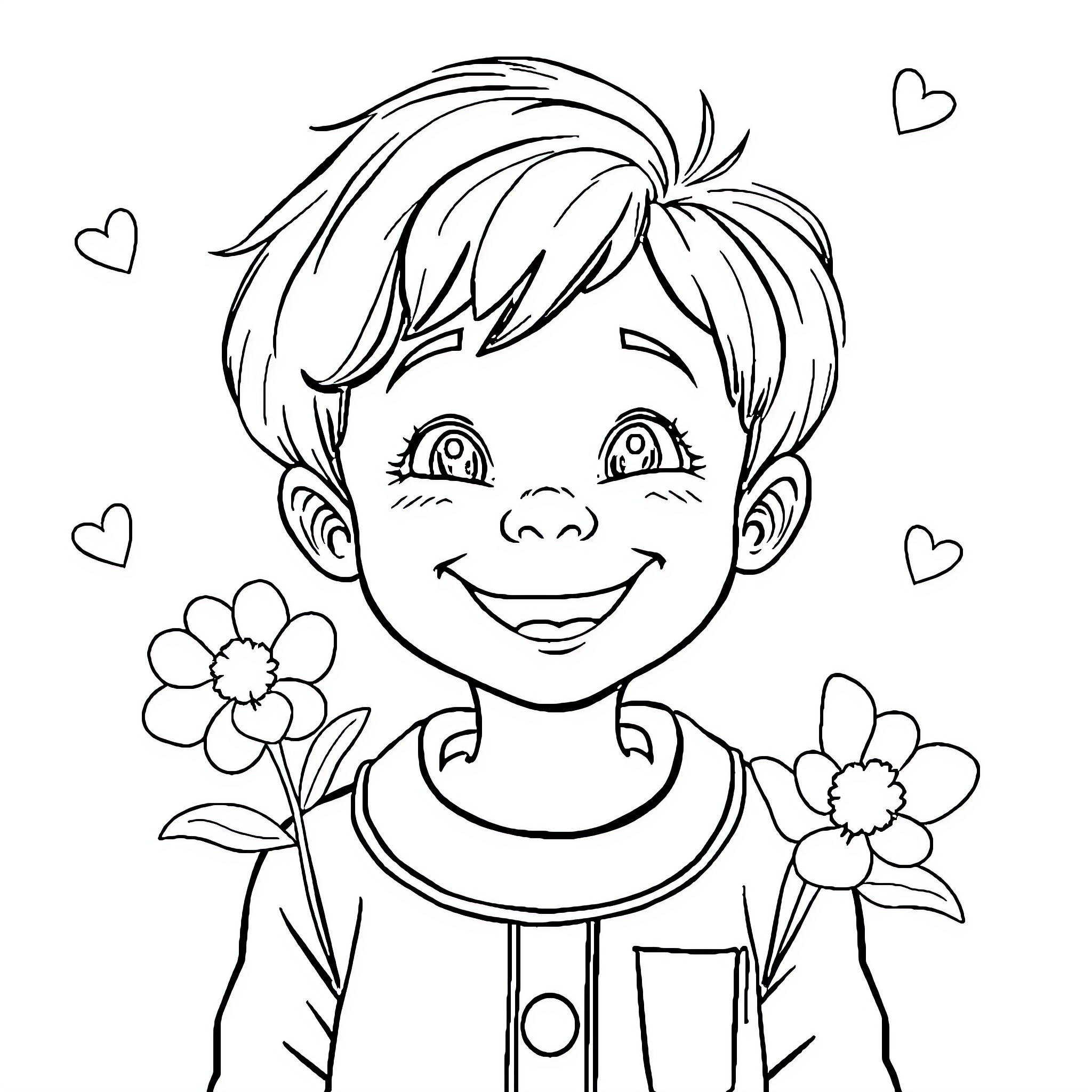 Child smiling and surrounded by flowers Coloring Page (free black-and-white line drawing printable PDF for all, from beginners to advanced learners, including children, teens, adults, and seniors)