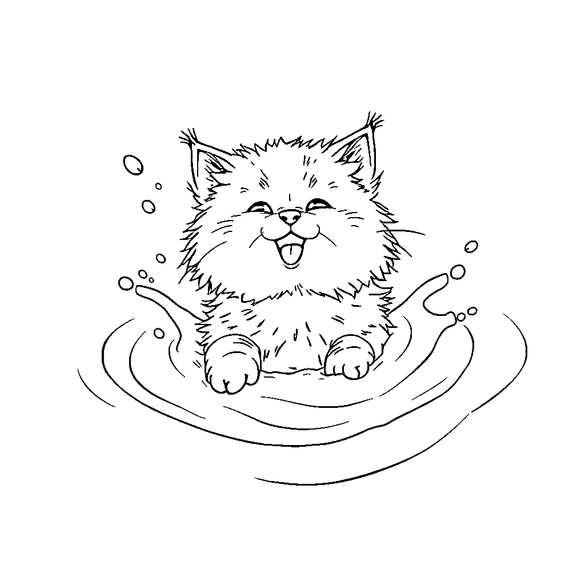 Cat enjoying bubble bath Coloring Page (free black-and-white line drawing printable PDF for all, from beginners to advanced learners, including children, teens, adults, and seniors)