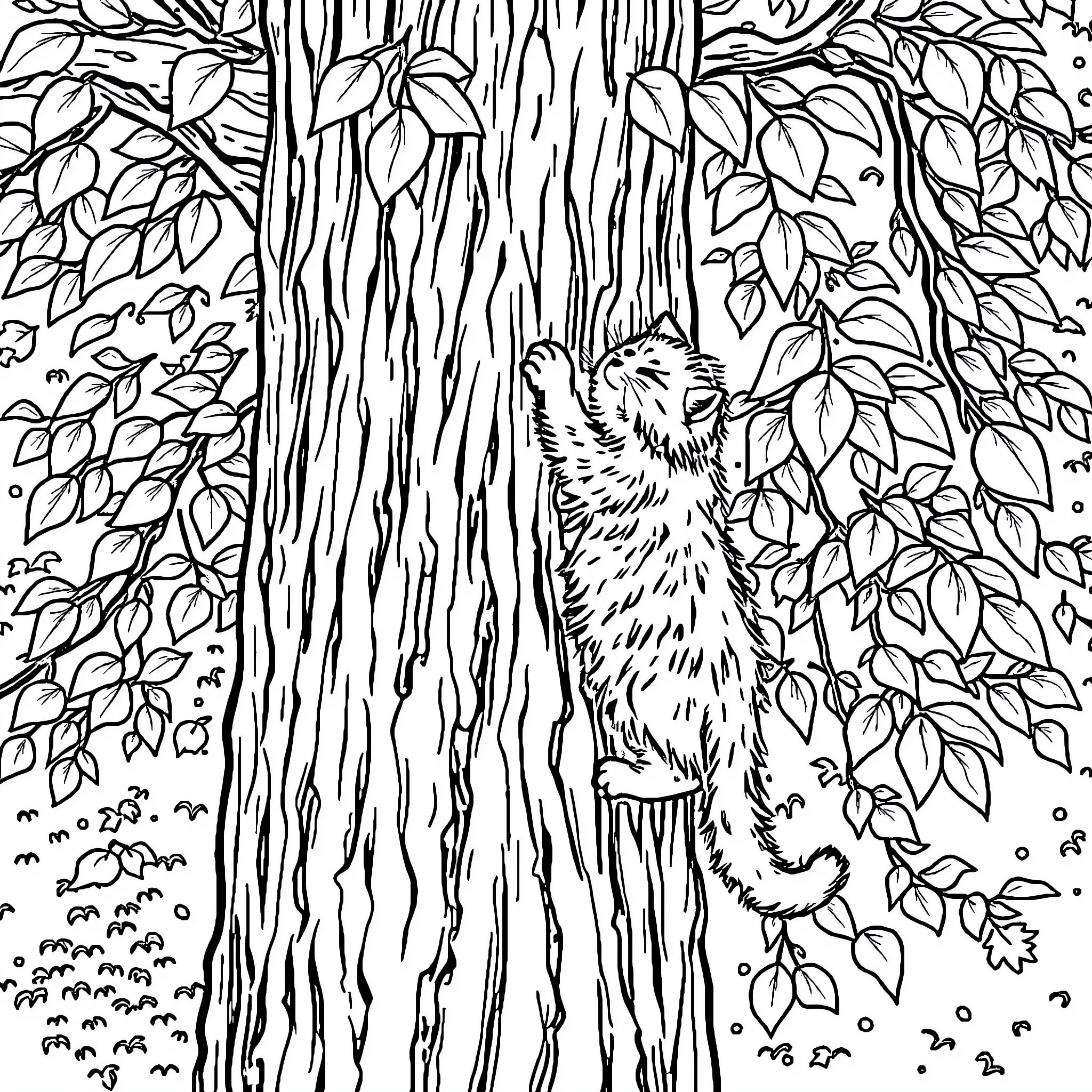 Cat climbing tree trunk in forest Coloring Page (free black-and-white line drawing printable PDF for all, from beginners to advanced learners, including children, teens, adults, and seniors)