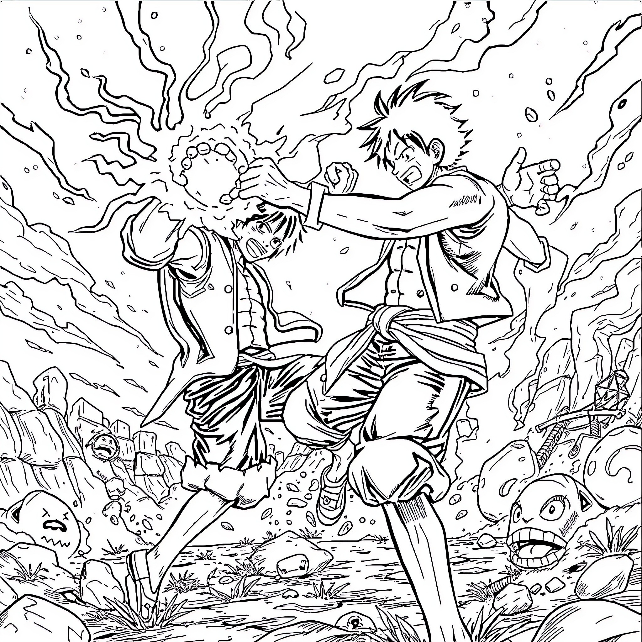 Yuji Itadori battles fiercely against a formidable foe Coloring Page (free black-and-white line drawing printable PDF for all, from beginners to advanced learners, including children, teens, adults, and seniors)