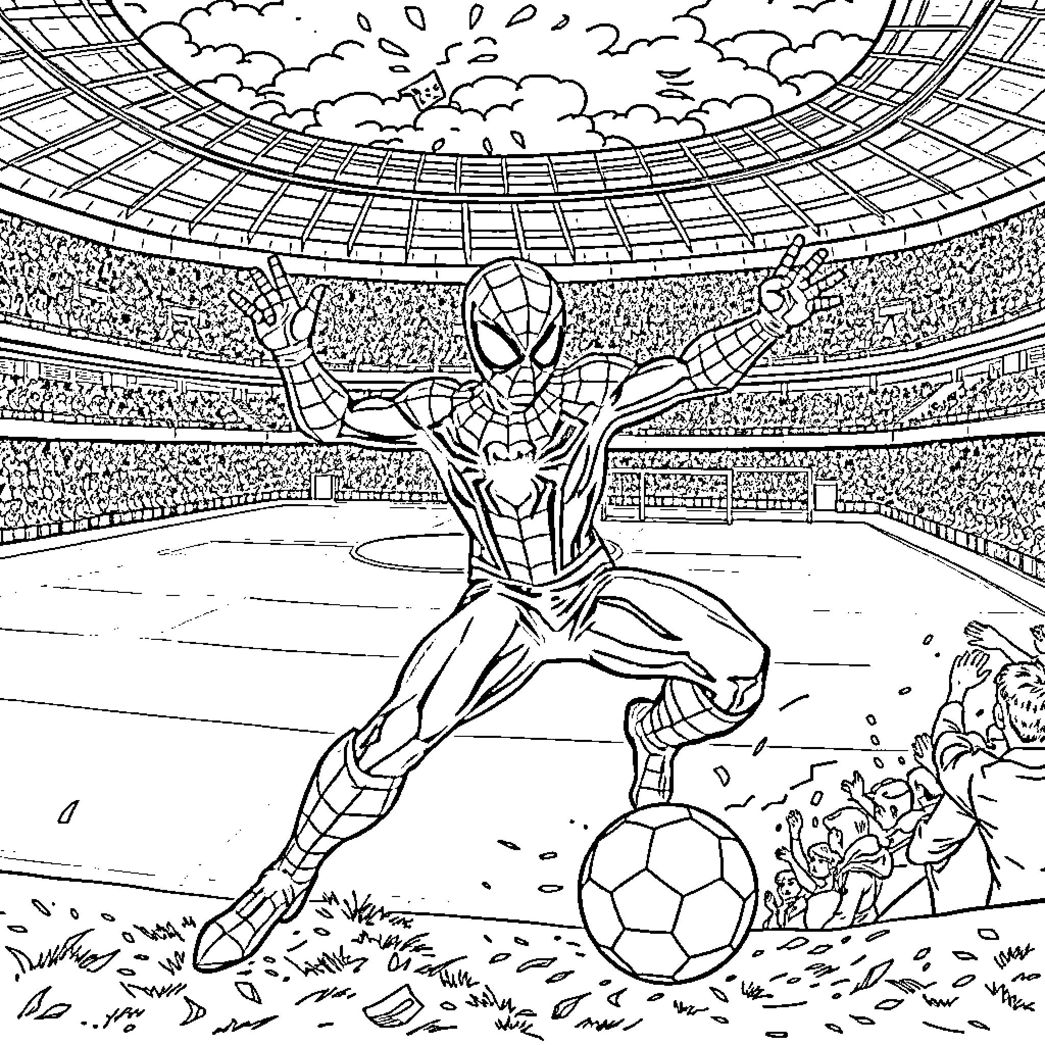 Spiderman Showcases Soccer Skills in Stadium Coloring Page (free black-and-white line drawing printable PDF for all, from beginners to advanced learners, including children, teens, adults, and seniors)
