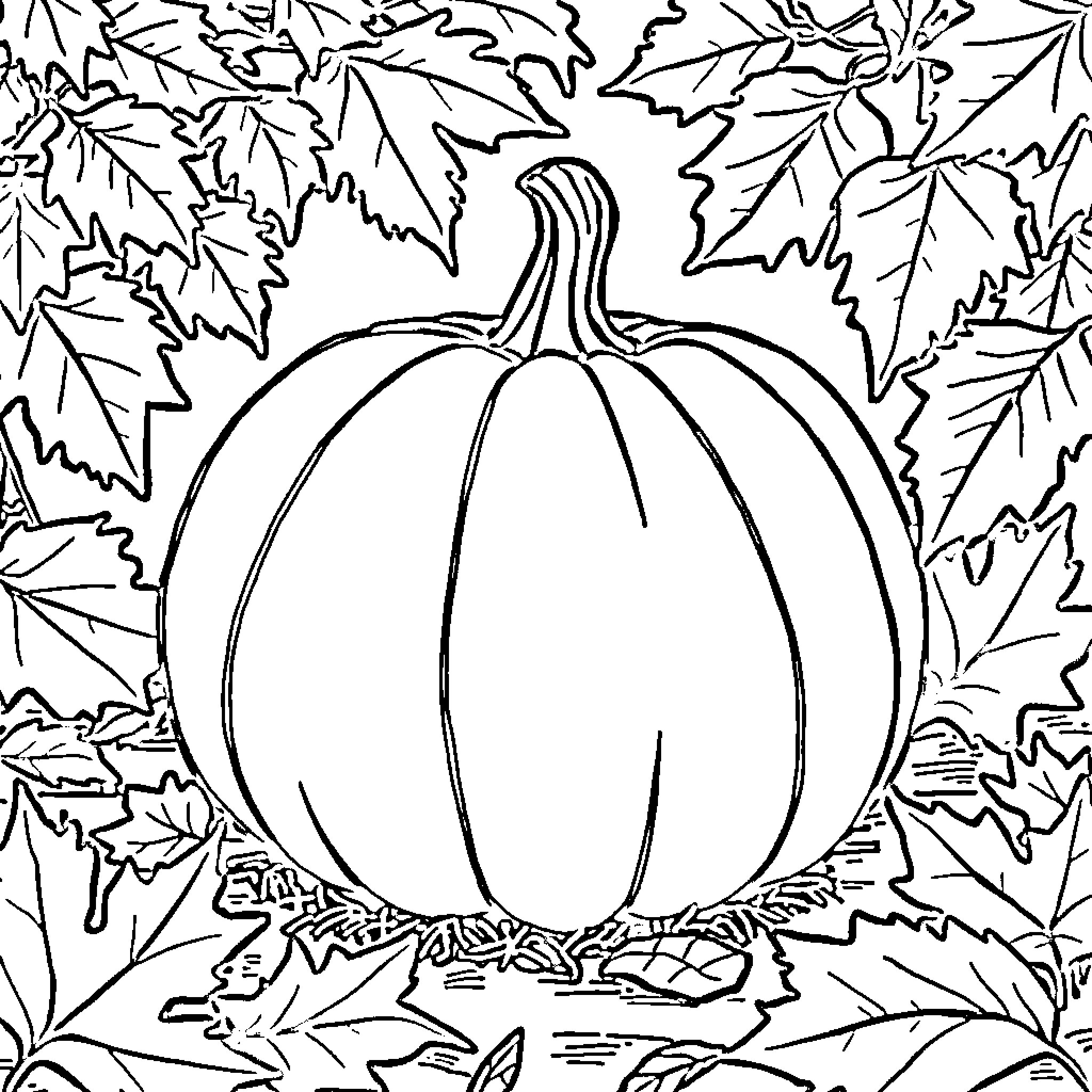 Pumpkin amidst autumn foliage Coloring Page (free black-and-white line drawing printable PDF for all, from beginners to advanced learners, including children, teens, adults, and seniors)