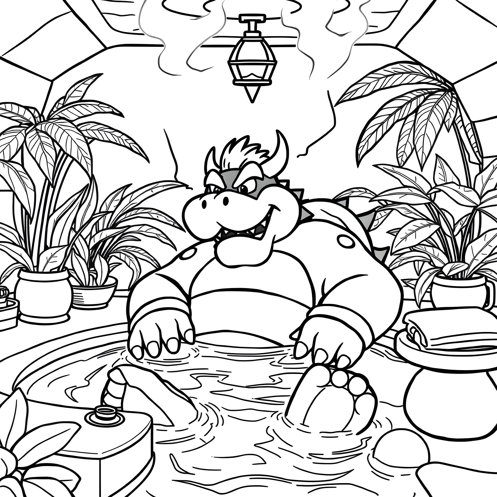 Bowser relaxing in a tropical paradise Coloring Page (free black-and-white line drawing printable PDF for all, from beginners to advanced learners, including children, teens, adults, and seniors)