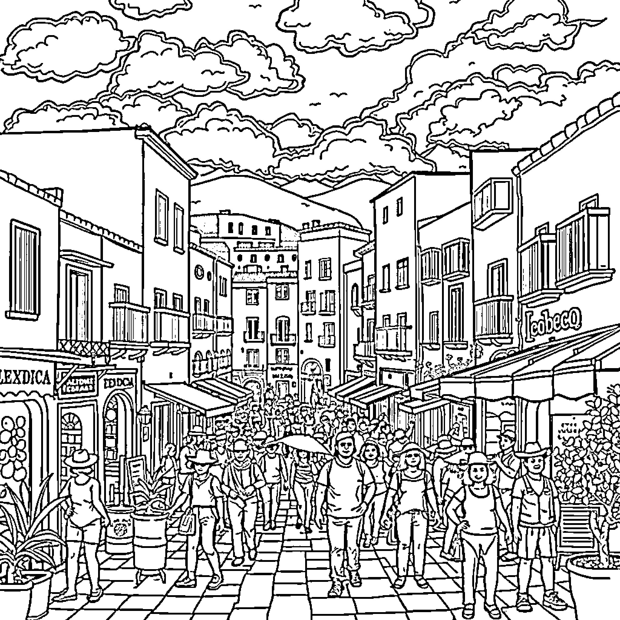Square of a Crowded City Street Scene Coloring Page (free black-and-white line drawing printable PDF for all, from beginners to advanced learners, including children, teens, adults, and seniors)