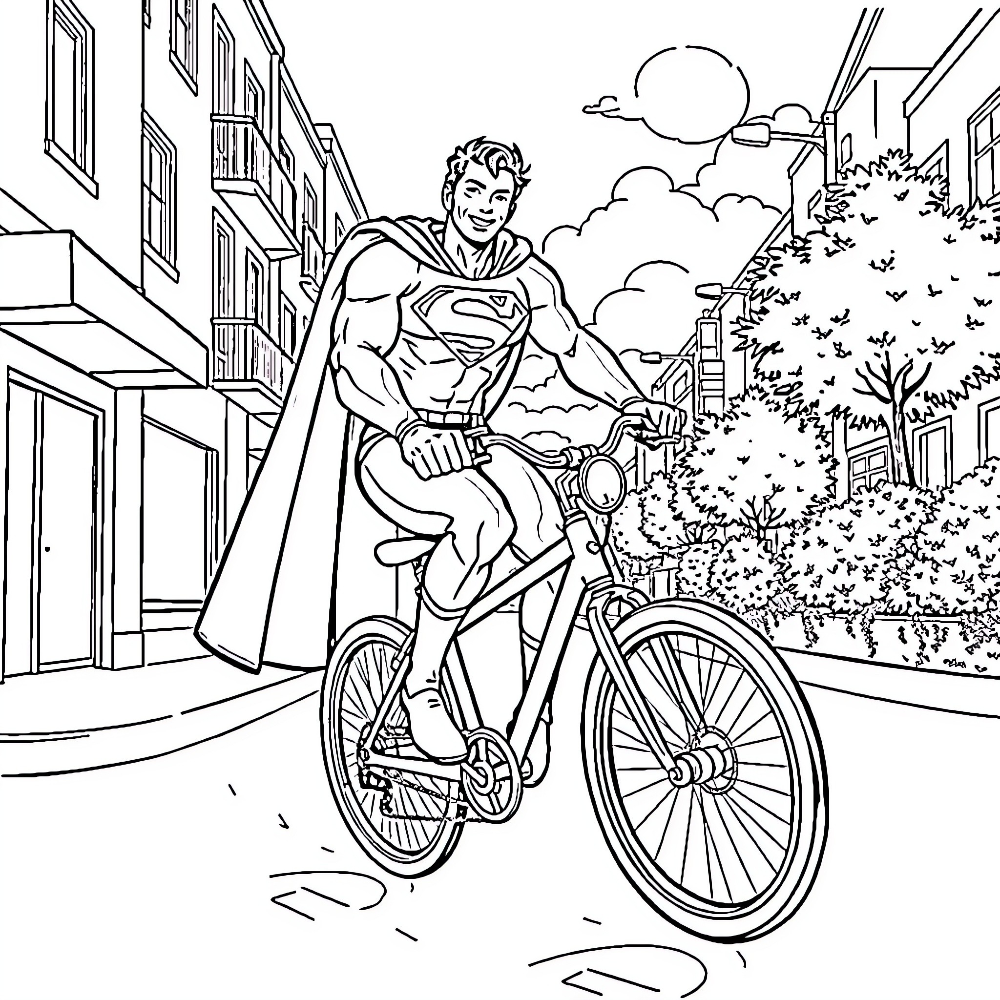 Superman riding a bicycle through the city Coloring Page (free black-and-white line drawing printable PDF for all, from beginners to advanced learners, including children, teens, adults, and seniors)