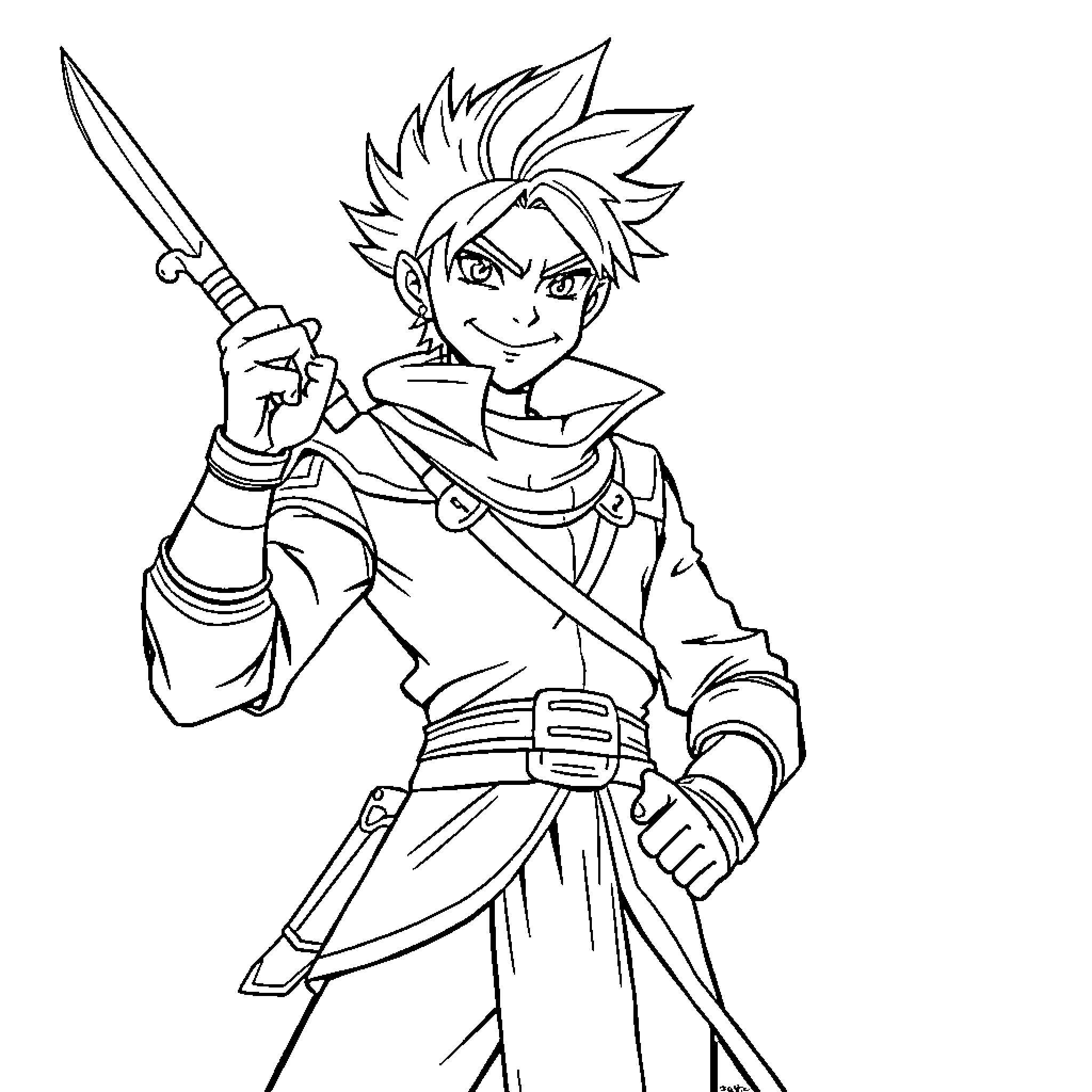 Sword-wielding hero in action-ready pose Coloring Page (free black-and-white line drawing printable PDF for all, from beginners to advanced learners, including children, teens, adults, and seniors)