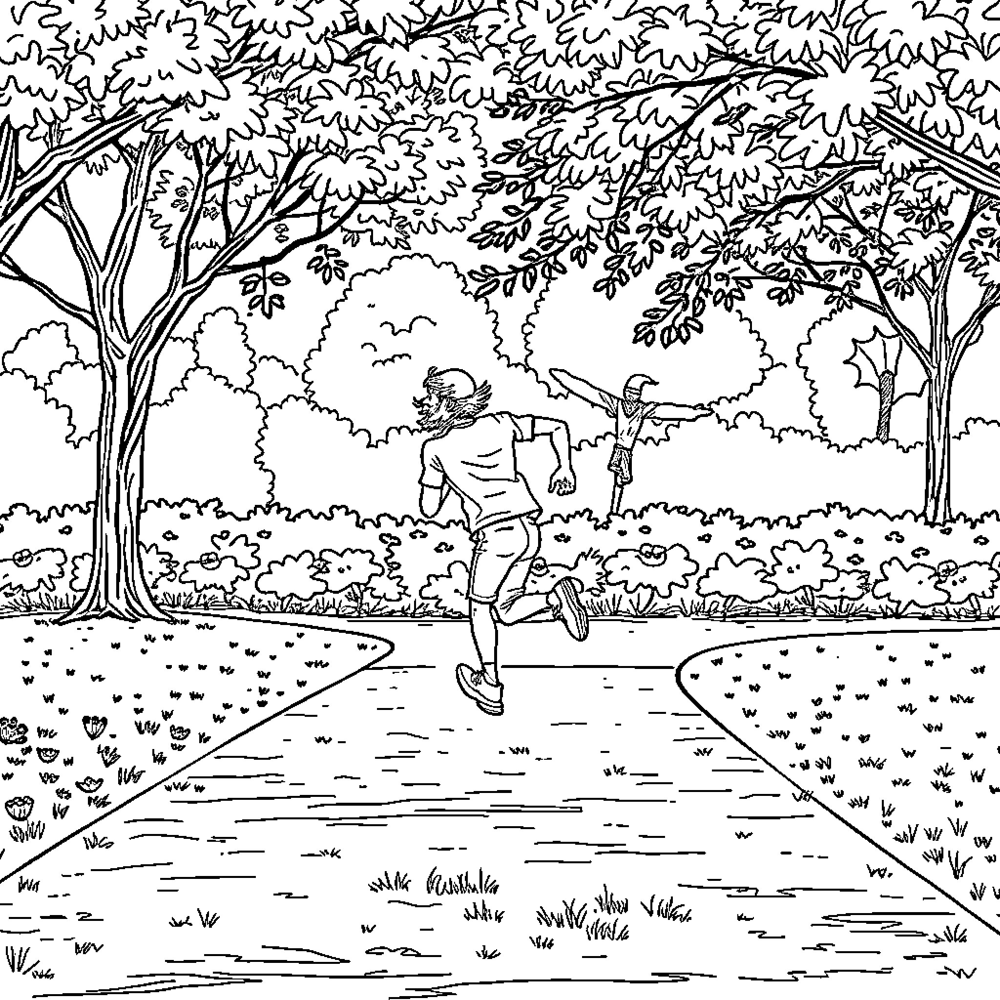 Running Through the Serene Forest Path Coloring Page (free black-and-white line drawing printable PDF for all, from beginners to advanced learners, including children, teens, adults, and seniors)