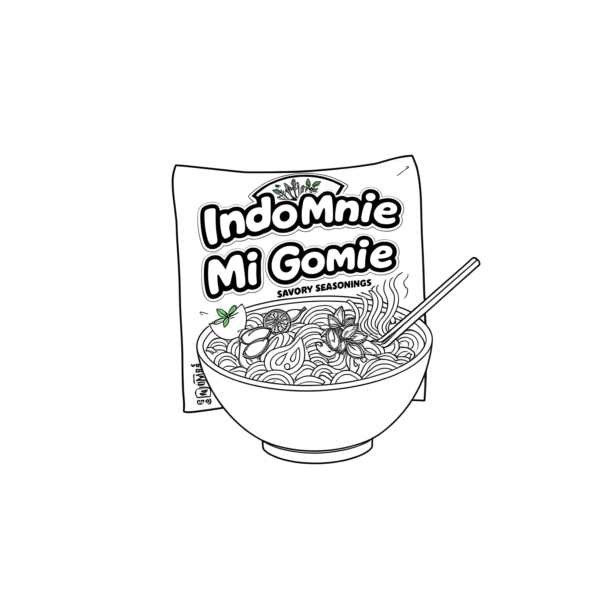 Indomie Mi Gornie savory instant noodles Coloring Page (free black-and-white line drawing printable PDF for all, from beginners to advanced learners, including children, teens, adults, and seniors)
