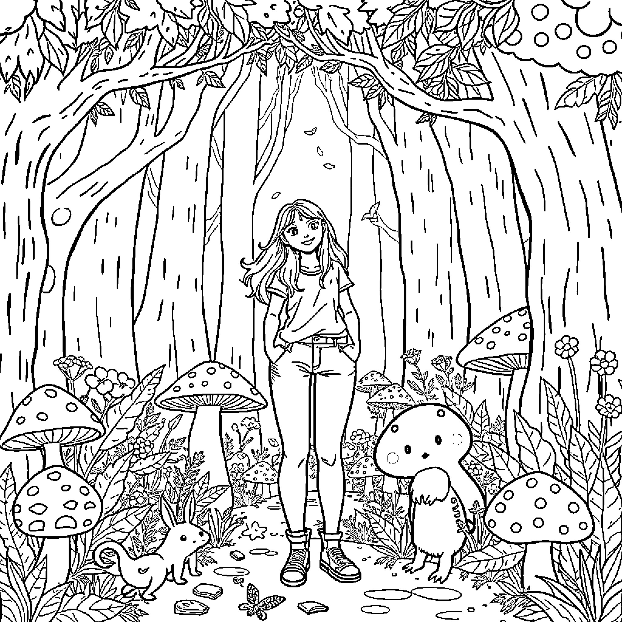 Woman in the enchanted forest Coloring Page (free black-and-white line drawing printable PDF for all, from beginners to advanced learners, including children, teens, adults, and seniors)