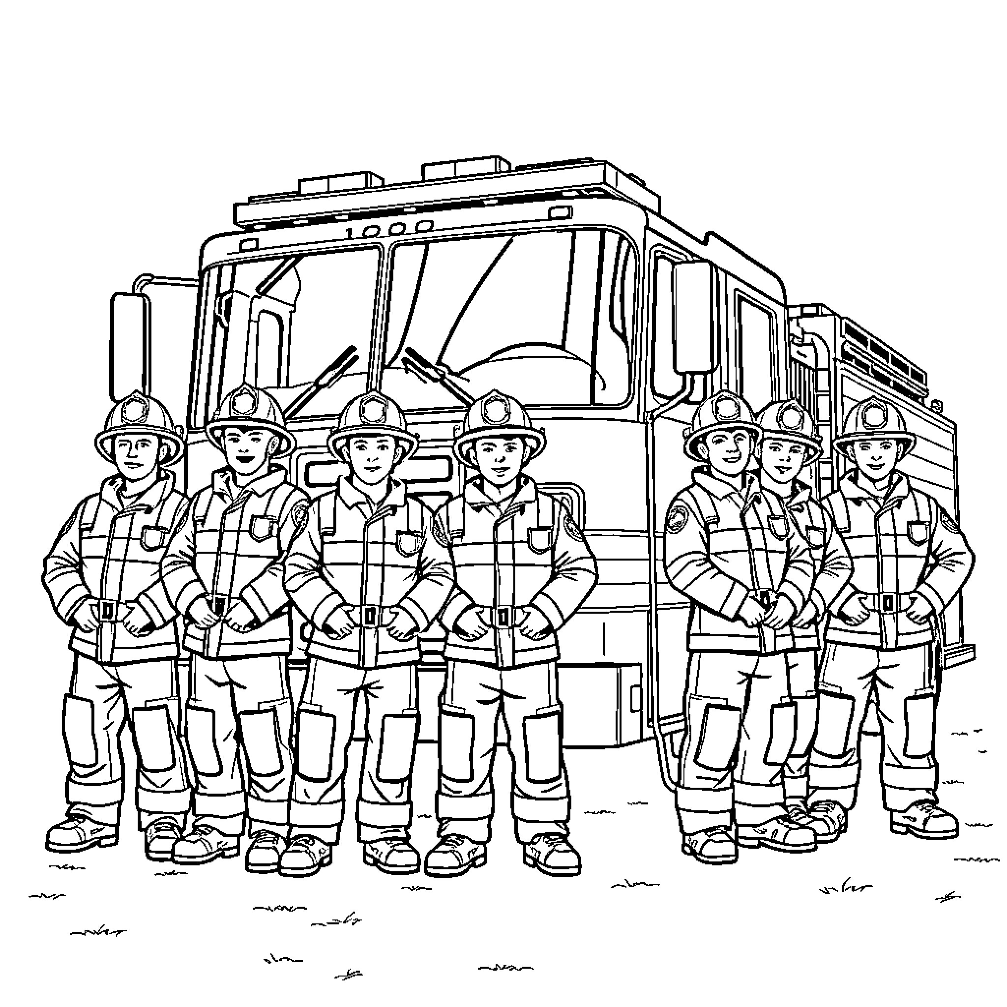 Firefighter crew posing before fire truck Coloring Page (free black-and-white line drawing printable PDF for all, from beginners to advanced learners, including children, teens, adults, and seniors)