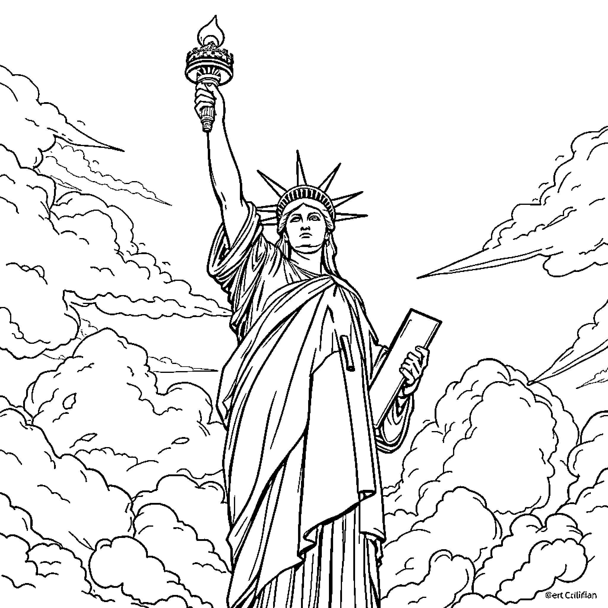 Statue Of Liberty standing tall in the clouds Coloring Page (free black-and-white line drawing printable PDF for all, from beginners to advanced learners, including children, teens, adults, and seniors)