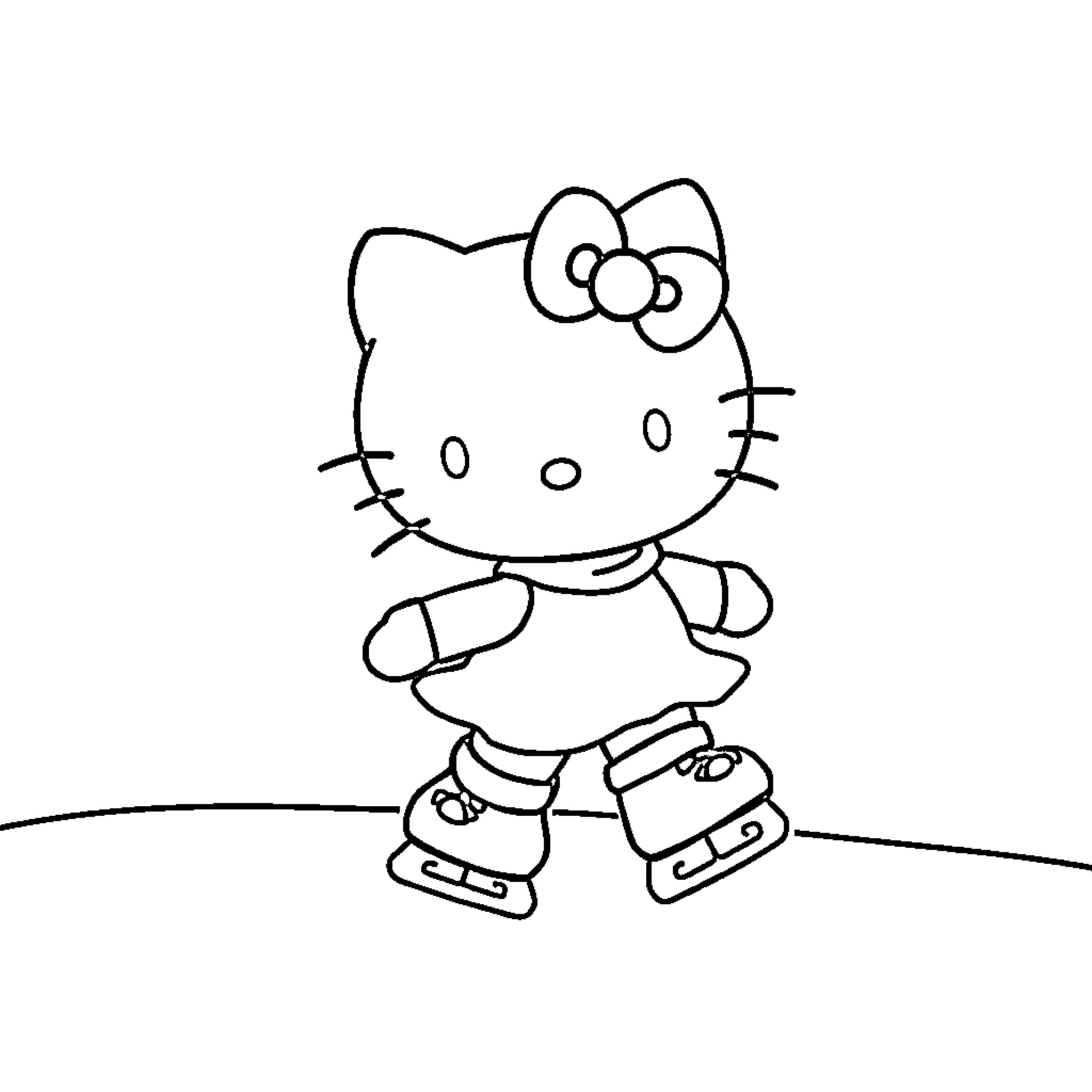 Hello Kitty ice skating on the rink Coloring Page (free black-and-white line drawing printable PDF for all, from beginners to advanced learners, including children, teens, adults, and seniors)
