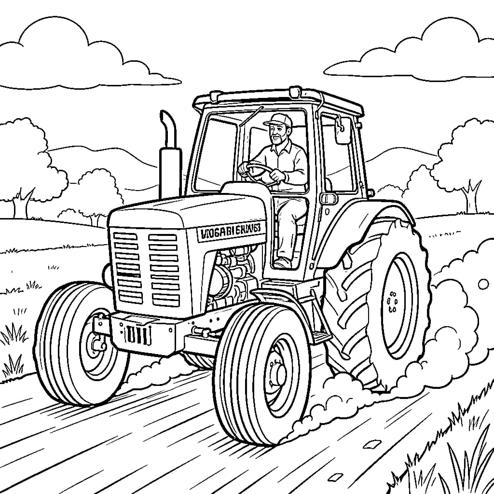 Chase driving a tractor through a rural field Coloring Page (free black-and-white line drawing printable PDF for all, from beginners to advanced learners, including children, teens, adults, and seniors)