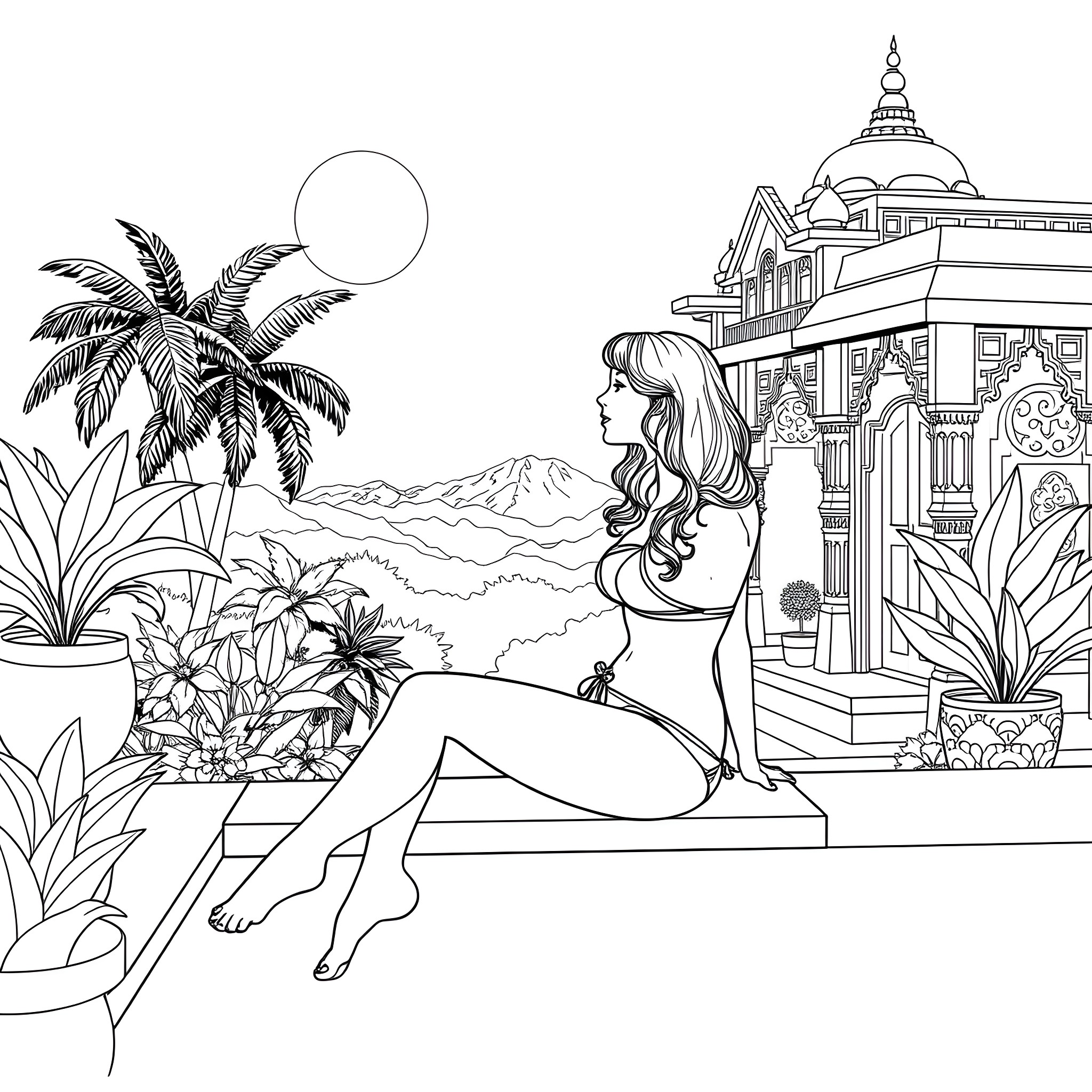 Girl relaxing in a tropical paradise Coloring Page (free black-and-white line drawing printable PDF for all, from beginners to advanced learners, including children, teens, adults, and seniors)