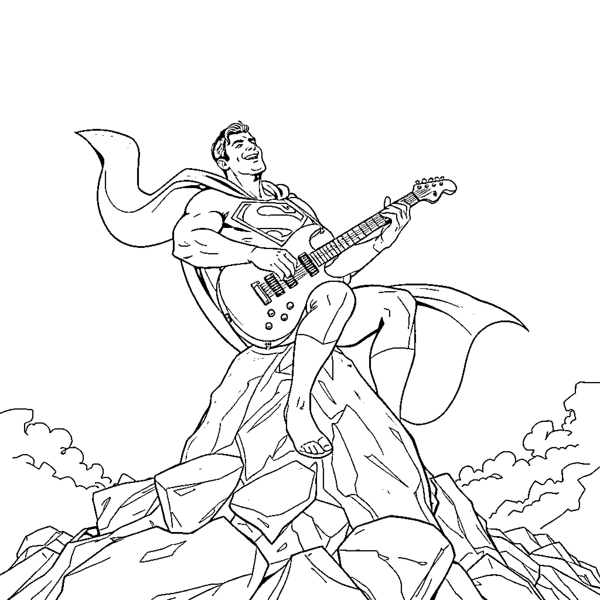 Superman playing electric guitar on rocky mountain Coloring Page (free black-and-white line drawing printable PDF for all, from beginners to advanced learners, including children, teens, adults, and seniors)