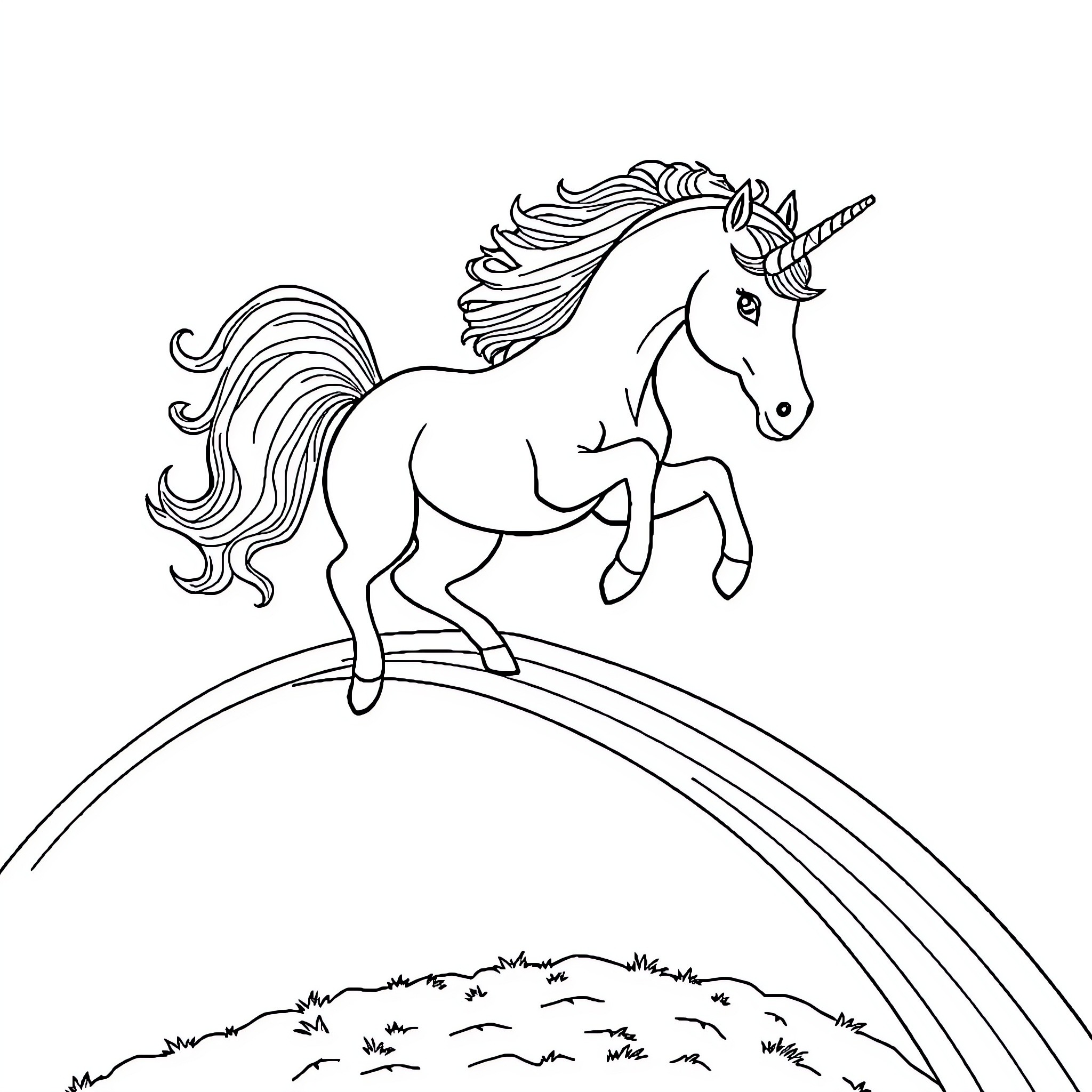 Unicorn galloping on a rainbow Coloring Page (free black-and-white line drawing printable PDF for all, from beginners to advanced learners, including children, teens, adults, and seniors)