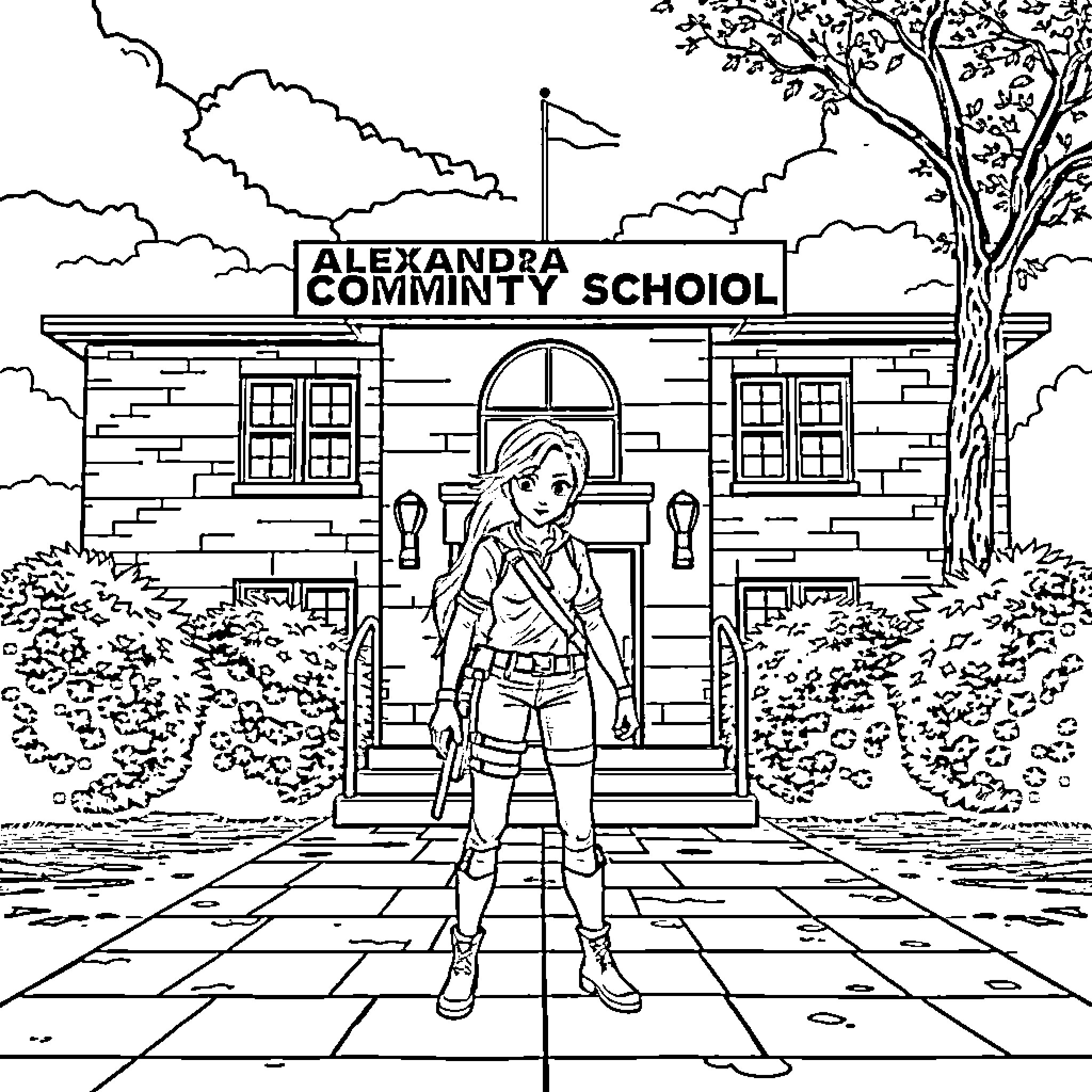 Katniss stands outside Alexandra Community School Coloring Page (free black-and-white line drawing printable PDF for all, from beginners to advanced learners, including children, teens, adults, and seniors)