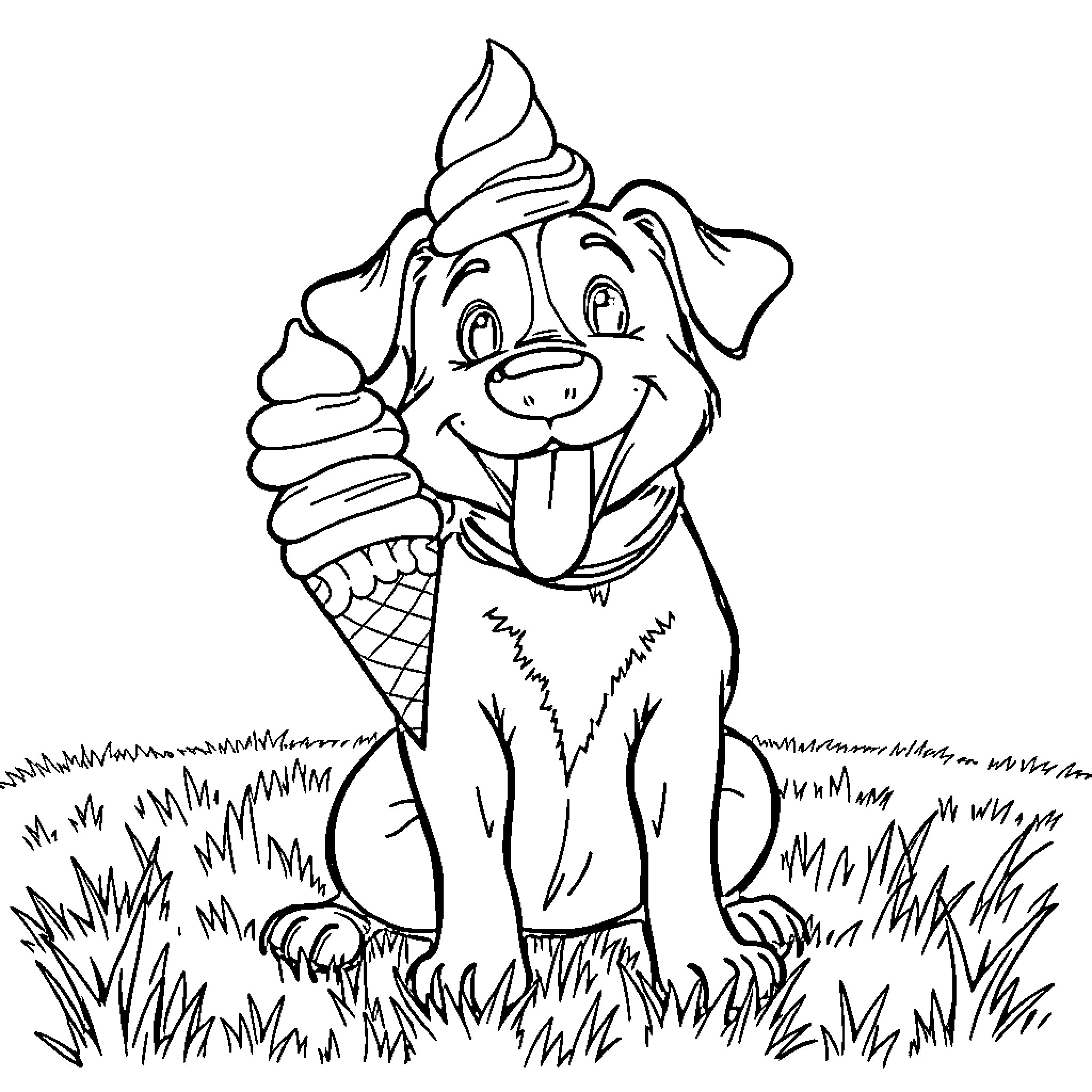 Dog enjoying an ice cream cone in the park Coloring Page (free black-and-white line drawing printable PDF for all, from beginners to advanced learners, including children, teens, adults, and seniors)