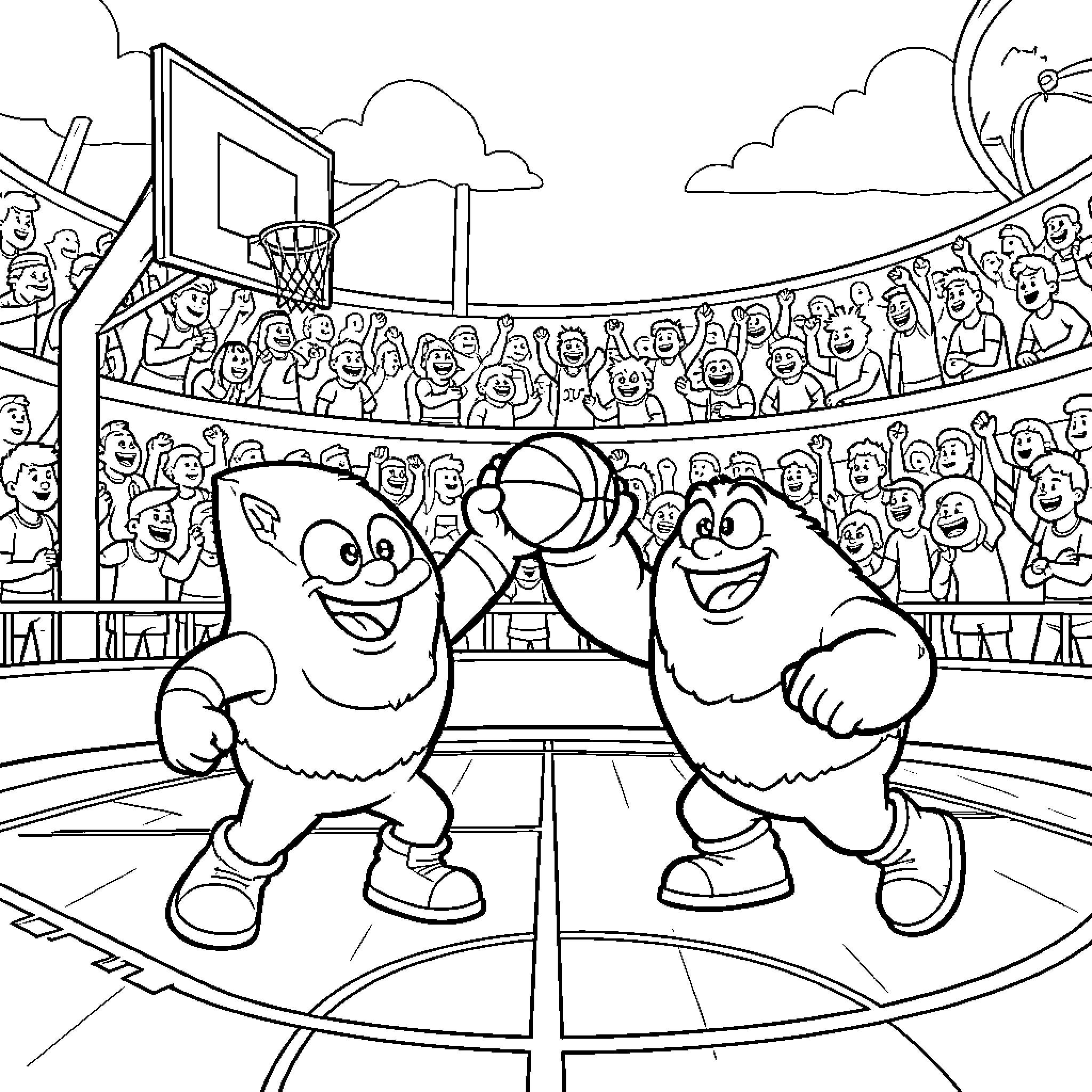Monstar characters playing basketball in a crowded stadium Coloring Page (free black-and-white line drawing printable PDF for all, from beginners to advanced learners, including children, teens, adults, and seniors)