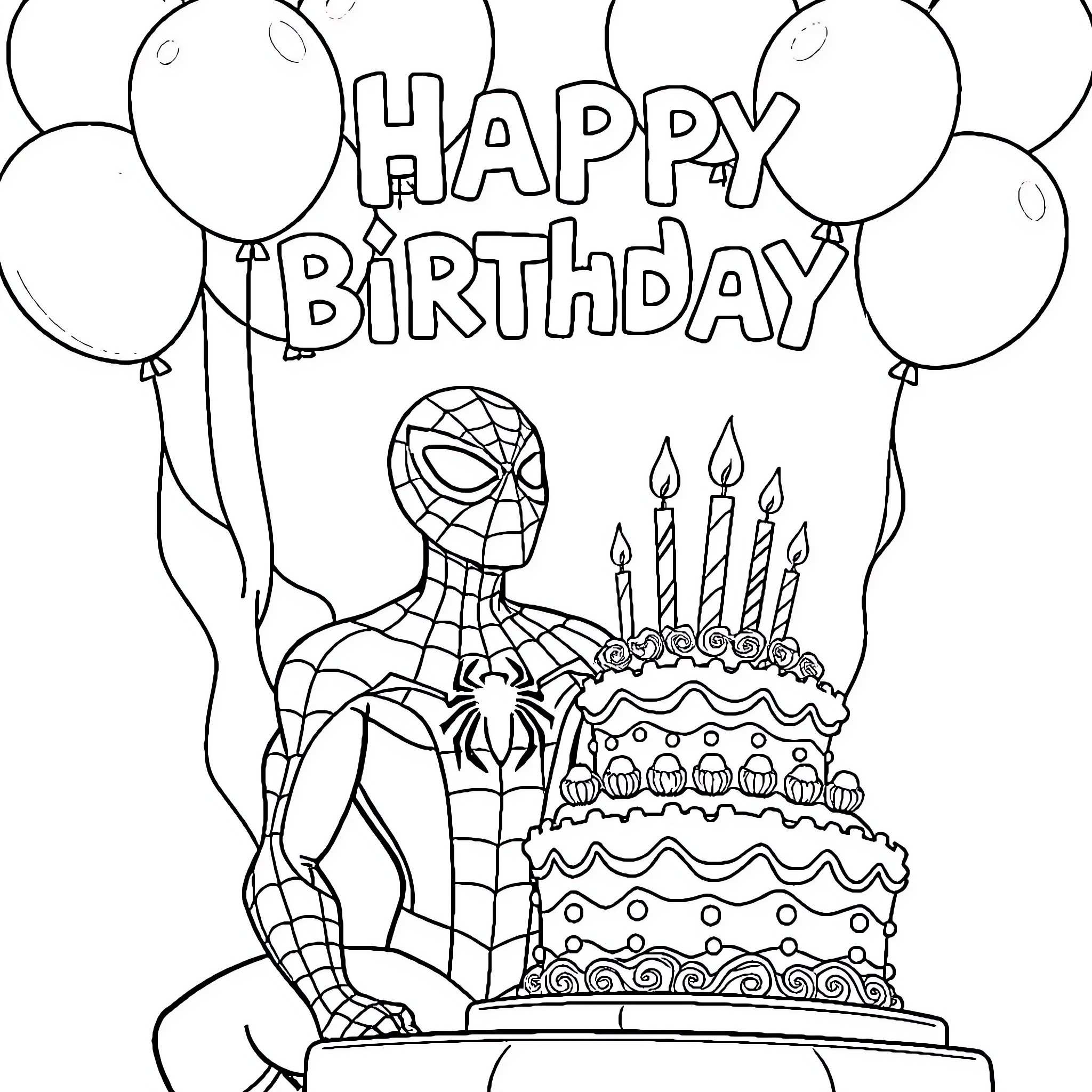 Spider-Man celebrates birthday with cake and balloons Coloring Page (free black-and-white line drawing printable PDF for all, from beginners to advanced learners, including children, teens, adults, and seniors)