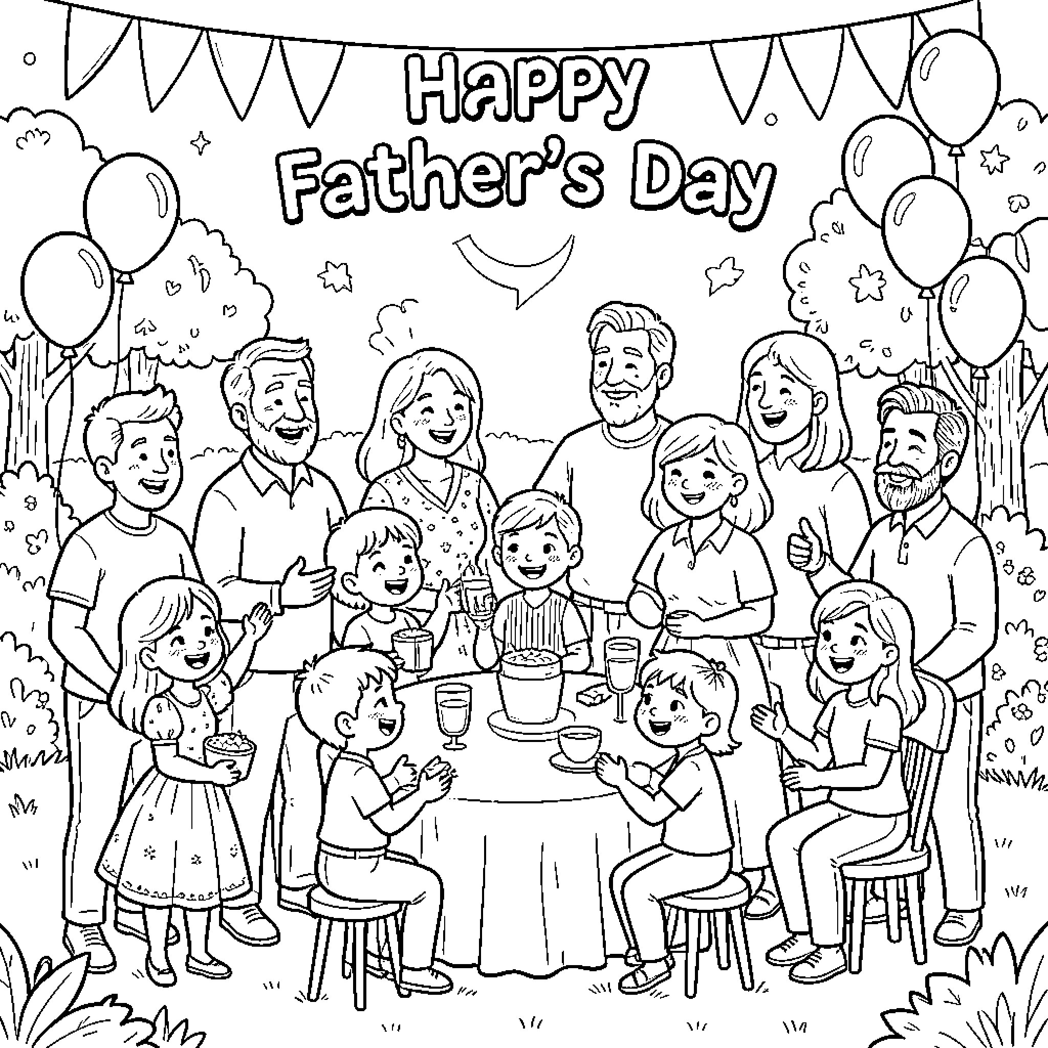 Father celebrating a joyful family meal together Coloring Page (free black-and-white line drawing printable PDF for all, from beginners to advanced learners, including children, teens, adults, and seniors)